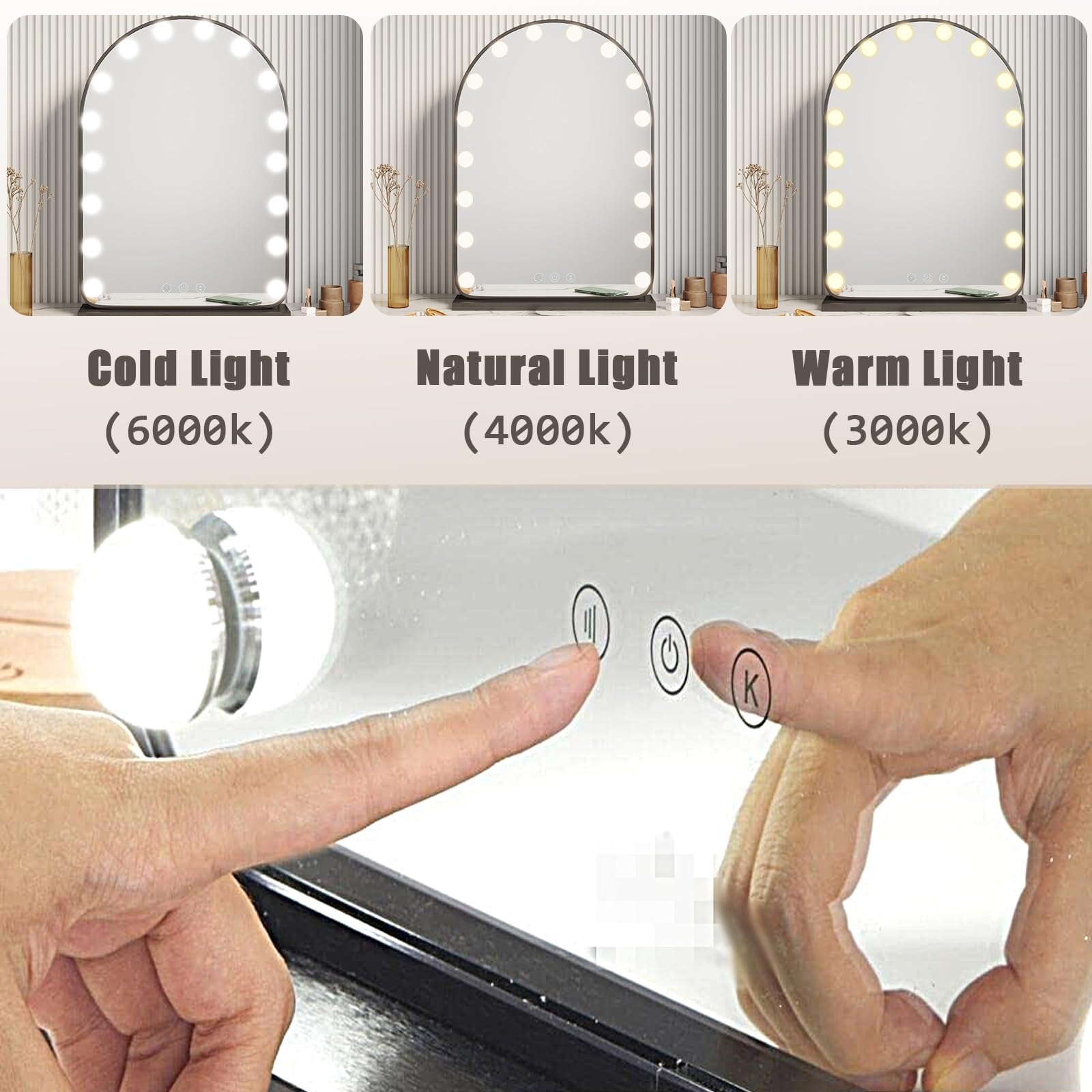 LTSRLL Specchio Trucco Con Luce Per La Toeletta O La Rasatura Con Design Touch Control 3 Colori Lampadine LED Dimmerabili Specchio Cosmetico Illuminato Da Collegare(Silver,50x70cm/19.7x27.5in)