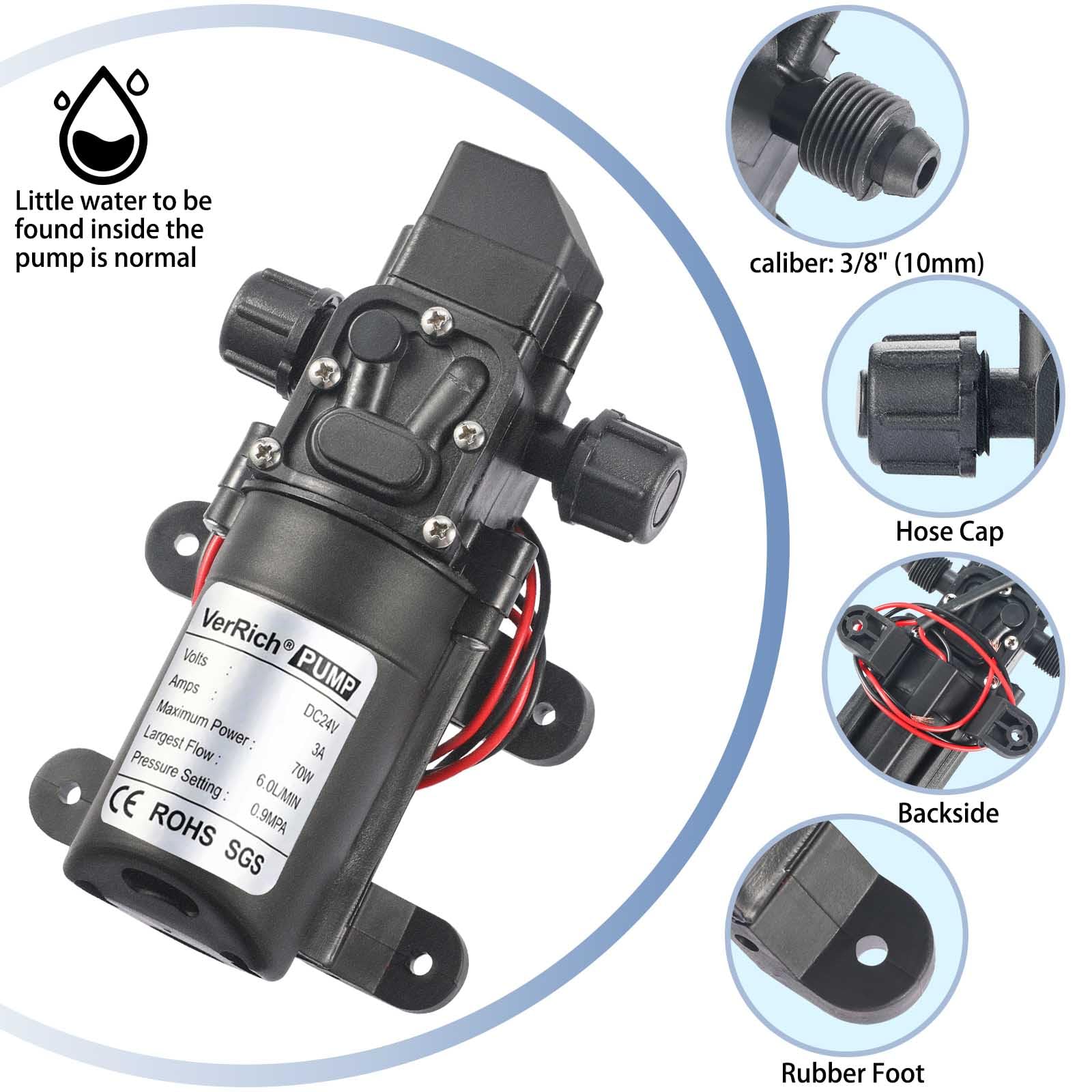 VerRich Pompa a diaframma per acqua 24V con adattatore di alimentazione per rubinetto, camper, roulotte con connettori M18*1,5mm