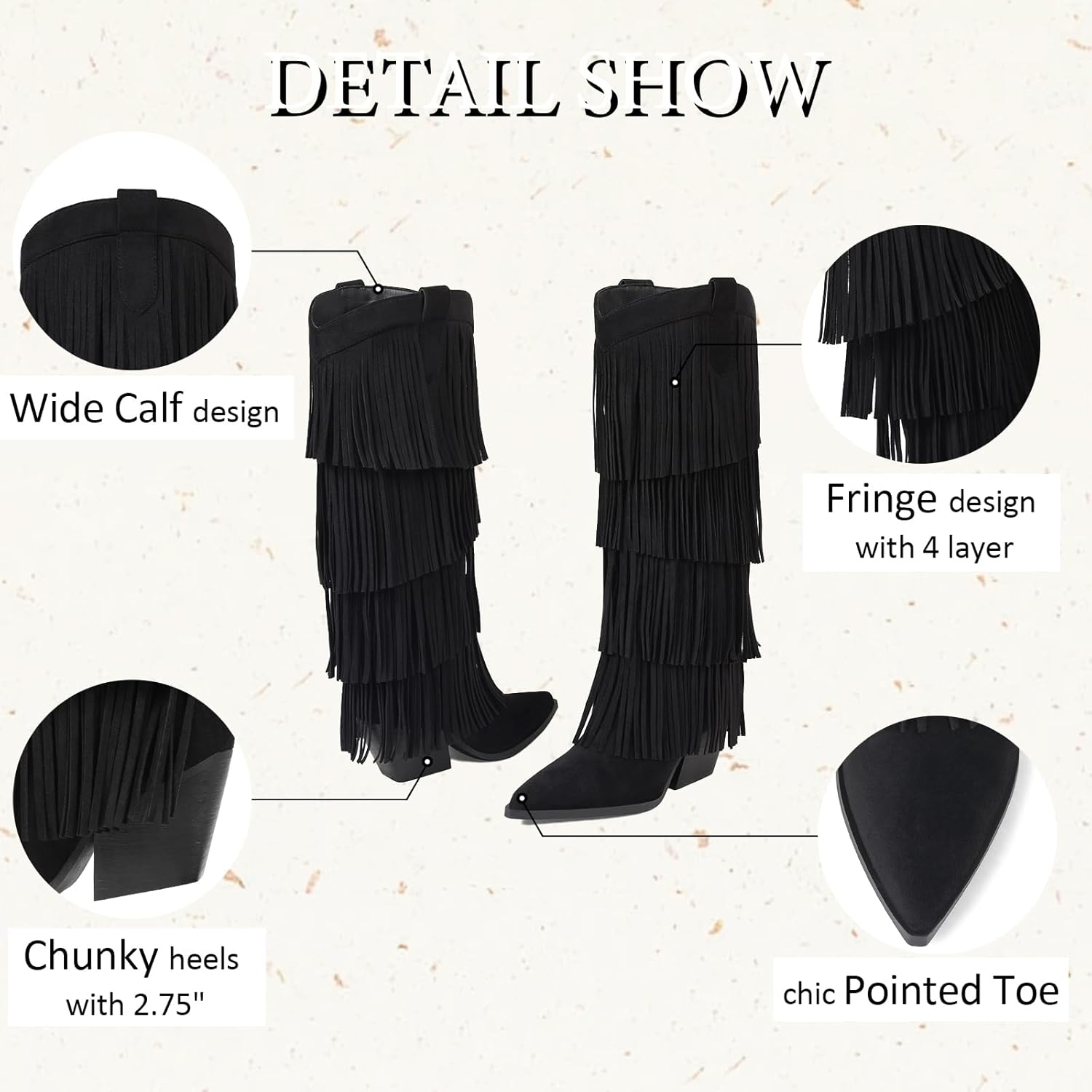 Womens Fringe Boots Knee High Cowboy Boots Chunky Heel Western Pointed Toe Slip on Wide Calf Cowgirl Boot Fashion Heeled Shoes