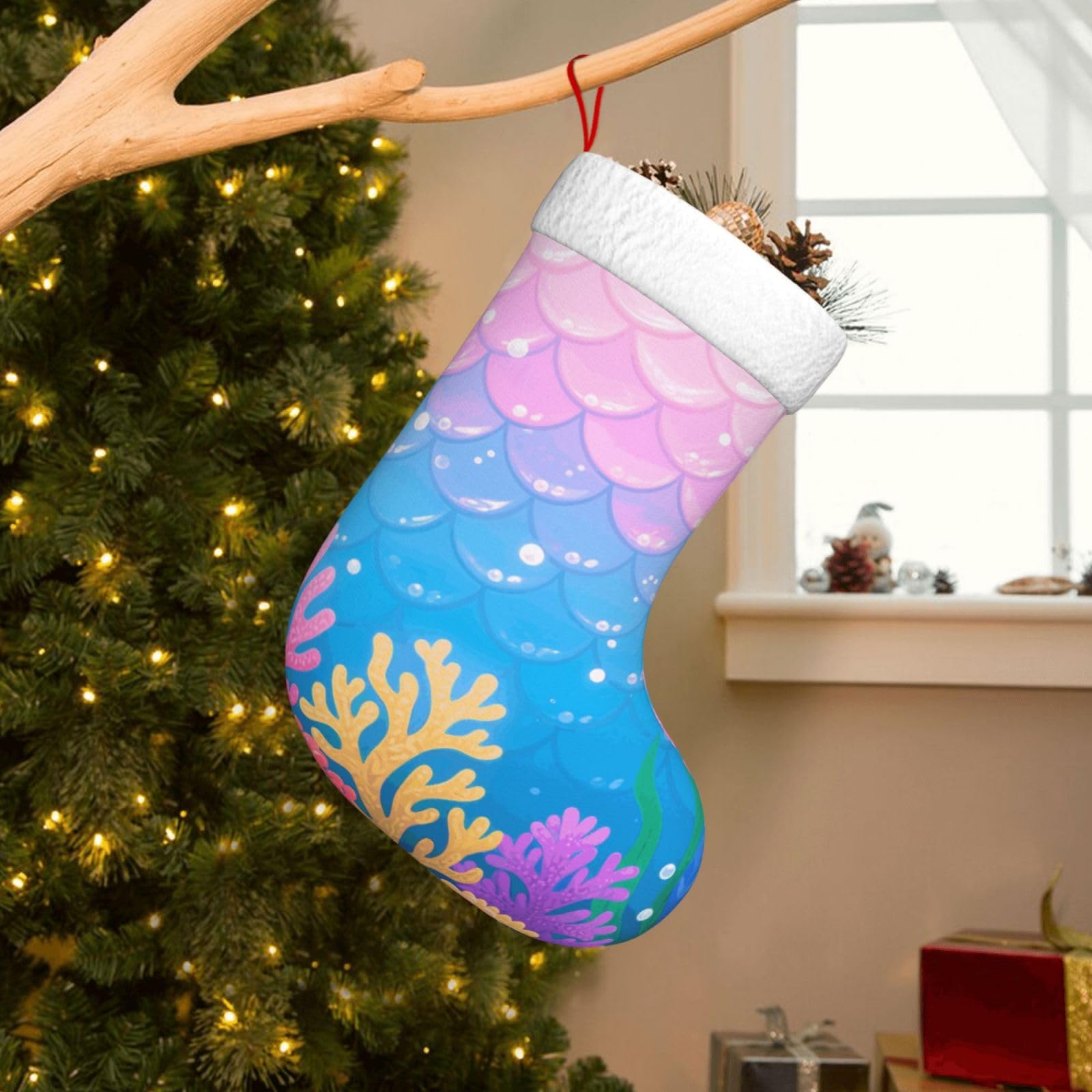 Velvet Christmas Stockings 17.7 Inch, Blue Pink Mermaid Scales Ocean Coral Xmas Stocking with Soft Cuff,Classic Personalized Christmas Tree Decoration for Family Holiday New Year Party Supplies