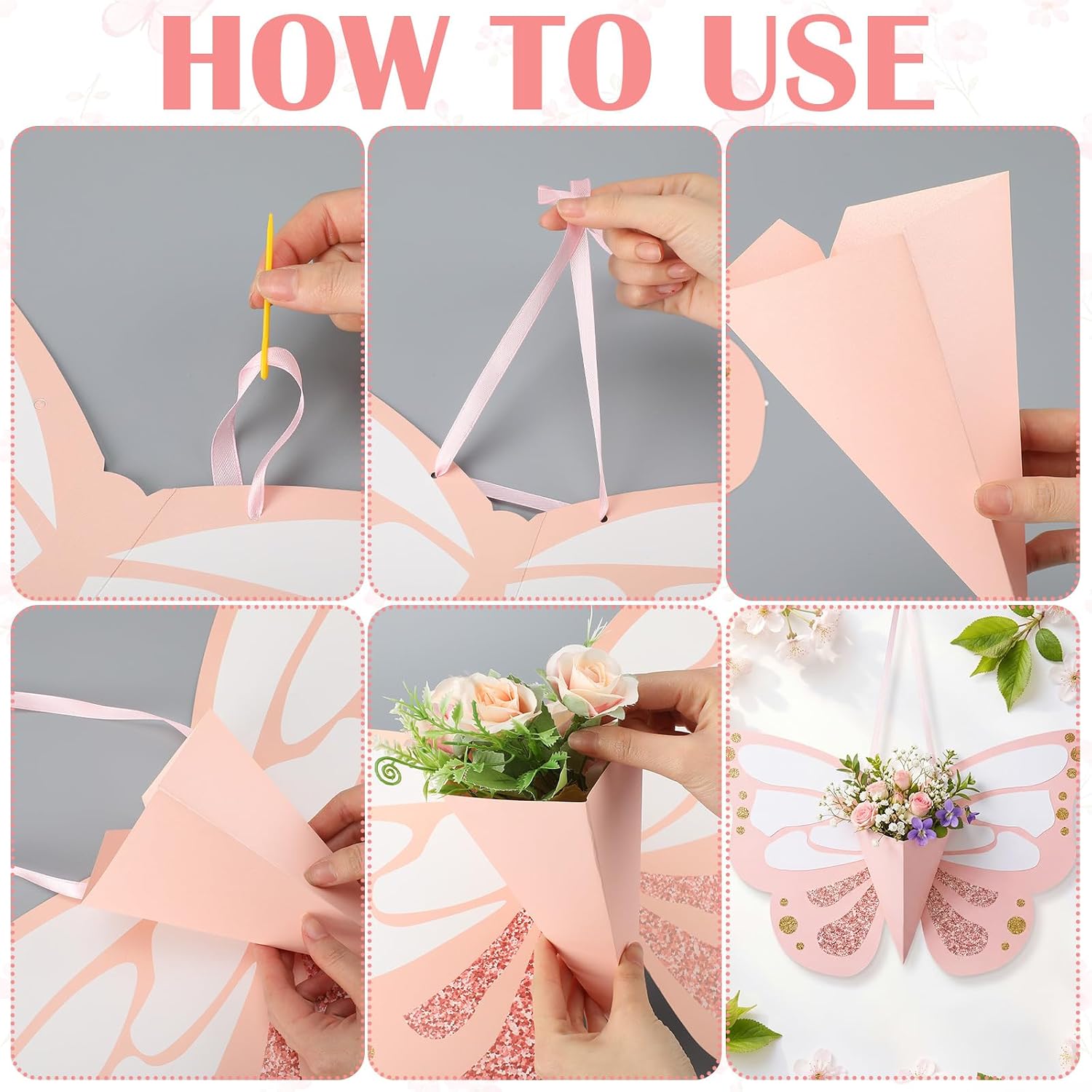 Tenceur 6 Pcs Flower Gift Bag DIY Butterfly Flower Bouquet Bags with Ribbon image 2