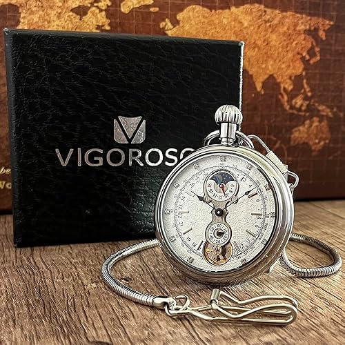 Miniatura 9 de VIGOROSO Reloj de bolsillo mecánico de viento manual de cobre completo vintage para hombre en caja BronceAmarillo Mecánico