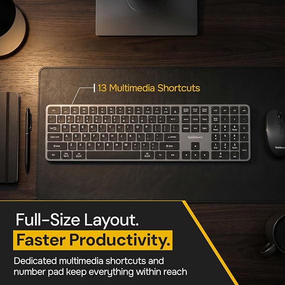 Goldtouch Trident Standard Keyboard. Full-Size Multi-Device Keyboard. 2.4GHz, Dual Bluetooth & USB Wired. Low-Profile Scissor Switch. 6-Month Battery. Slim Office Keyboard