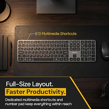 Goldtouch Trident Standard Keyboard. Full-Size Multi-Device Keyboard. 2.4GHz, Dual Bluetooth & USB Wired. Low-Profile Scissor Switch. 6-Month Battery. Slim Office Keyboard