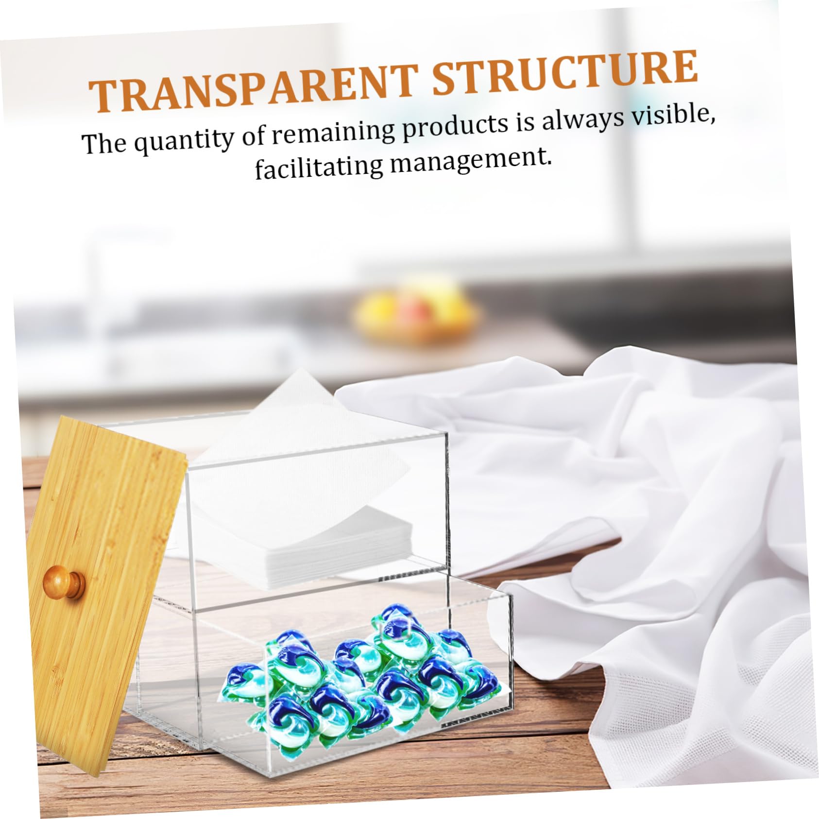VICASKY Distributeur De Capsules De Lessive Transparent 175x115x165 Mm En Acrylique Couvercle Bambou, Organisateur Buanderie Compact Pour Rangement Et Organisation Du Linge, Boîte à Dosettes 1 Tiroir