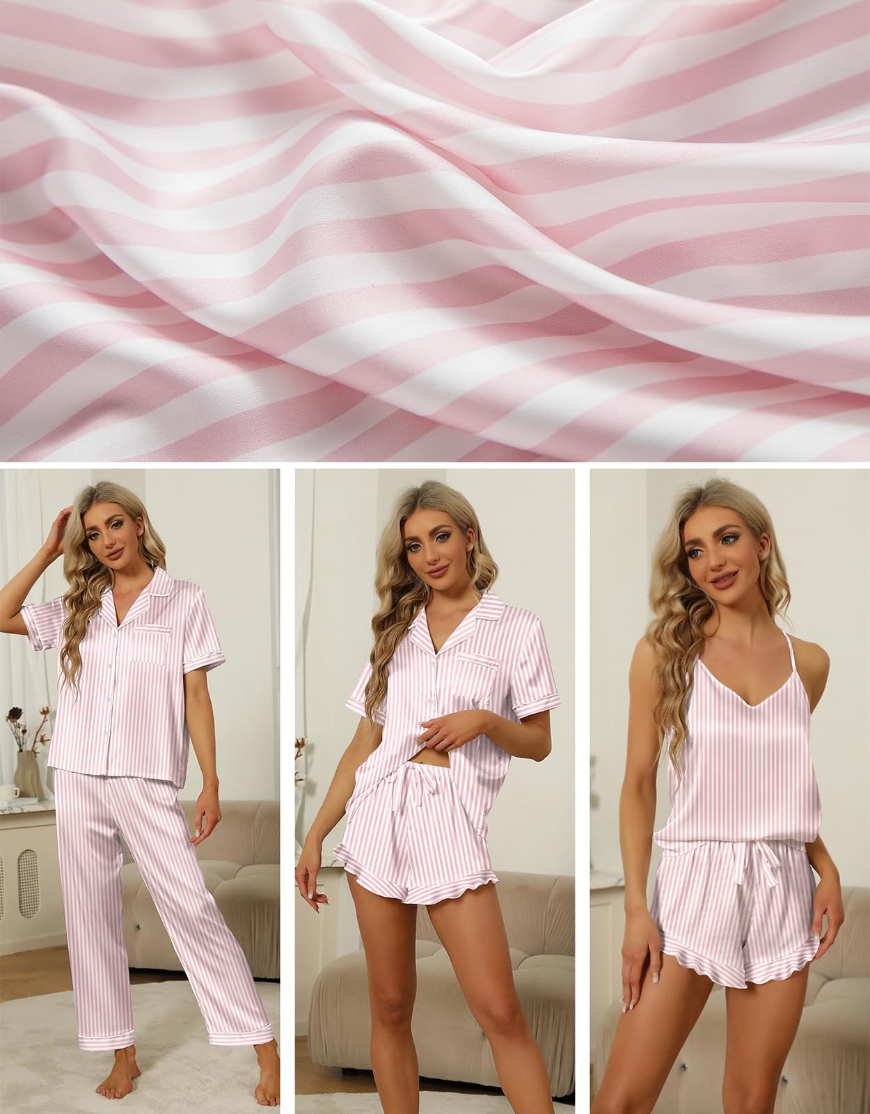 SAPJON Satin Seide Pyjama für Frauen 4-teiliges Rüschen Kerbe Kragen Nachtwäsche Button Down Kurzarm Shorts Pjs Set Loungewear | Süßes Tank-Top, Nachtwäsche, weiche Shorts und lange Hose, verstellbare Schultergurte, perfektes Geschenk, Brautparty