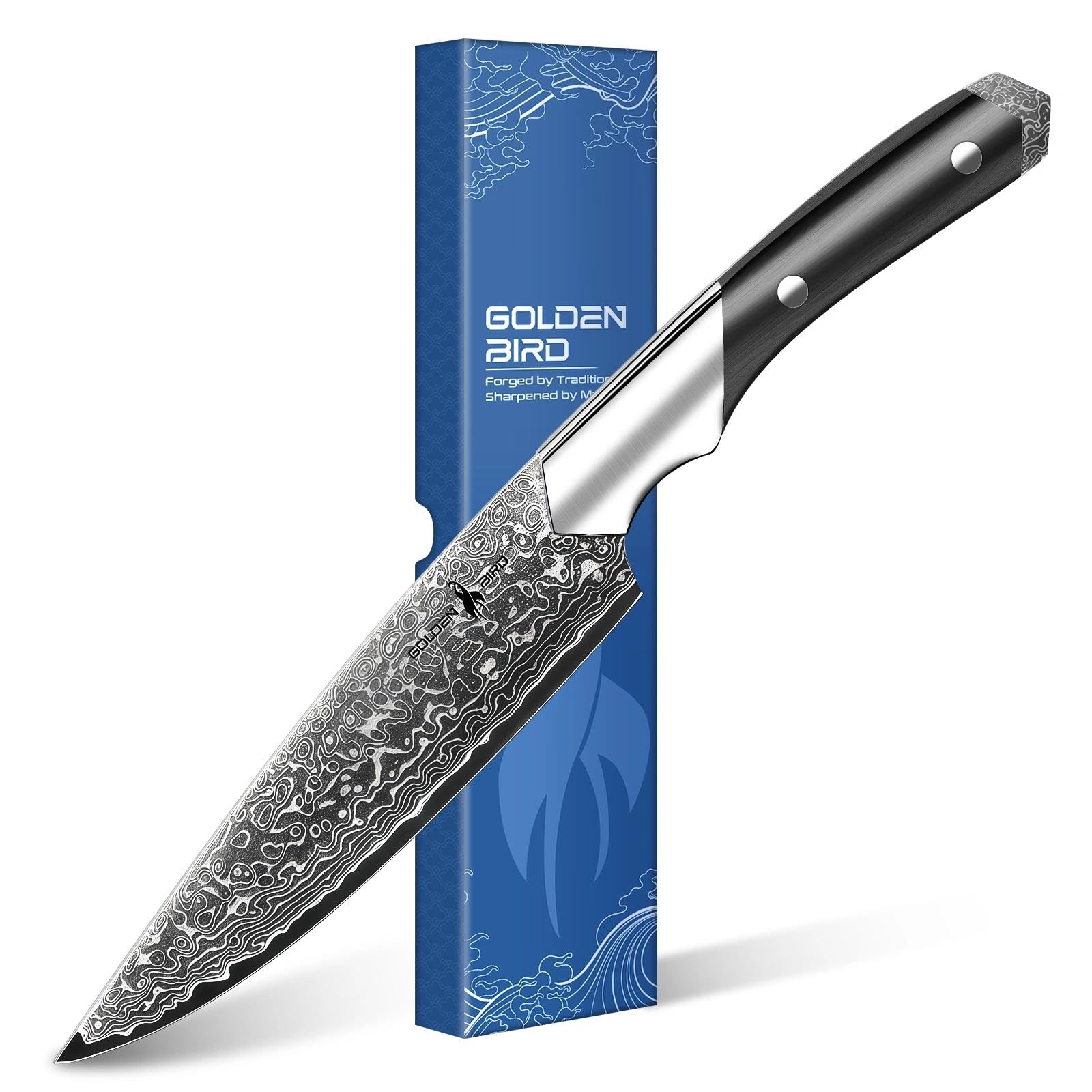 Golden Bird 15cm Kochmesser Allzweckmesser, hergestellt aus 67 Lagen japanischem Damaststahl, Hochkohlenstoff-Multifunktions Gemüsemesser mit Geschenkbox – Swan-Serie- Geschenke für Männer Frauen