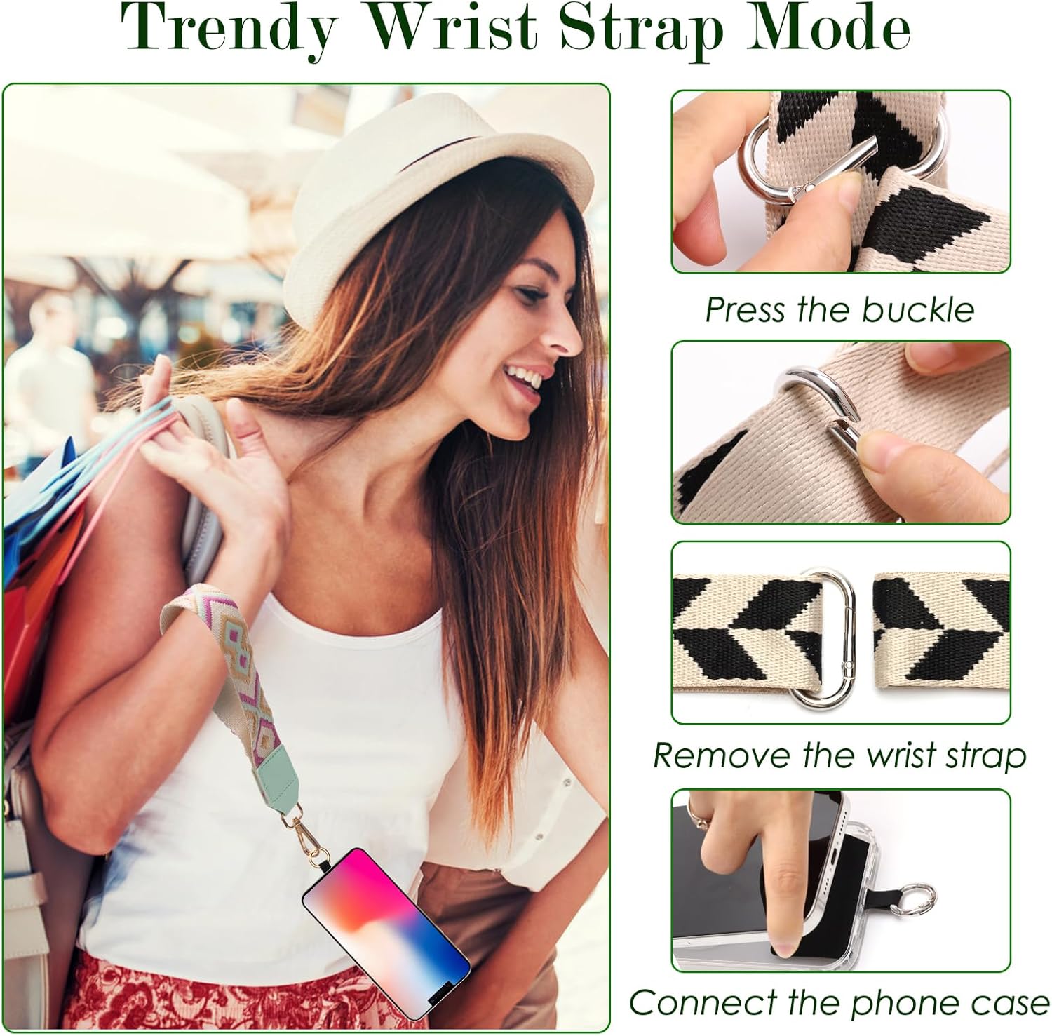 4P Clip and Go Strap for Phone with Wallet Crossbody, Stylish and Versatile Phone Strap with Zippered Pouch with Patterned Suspenders for Protecting Money & Cards