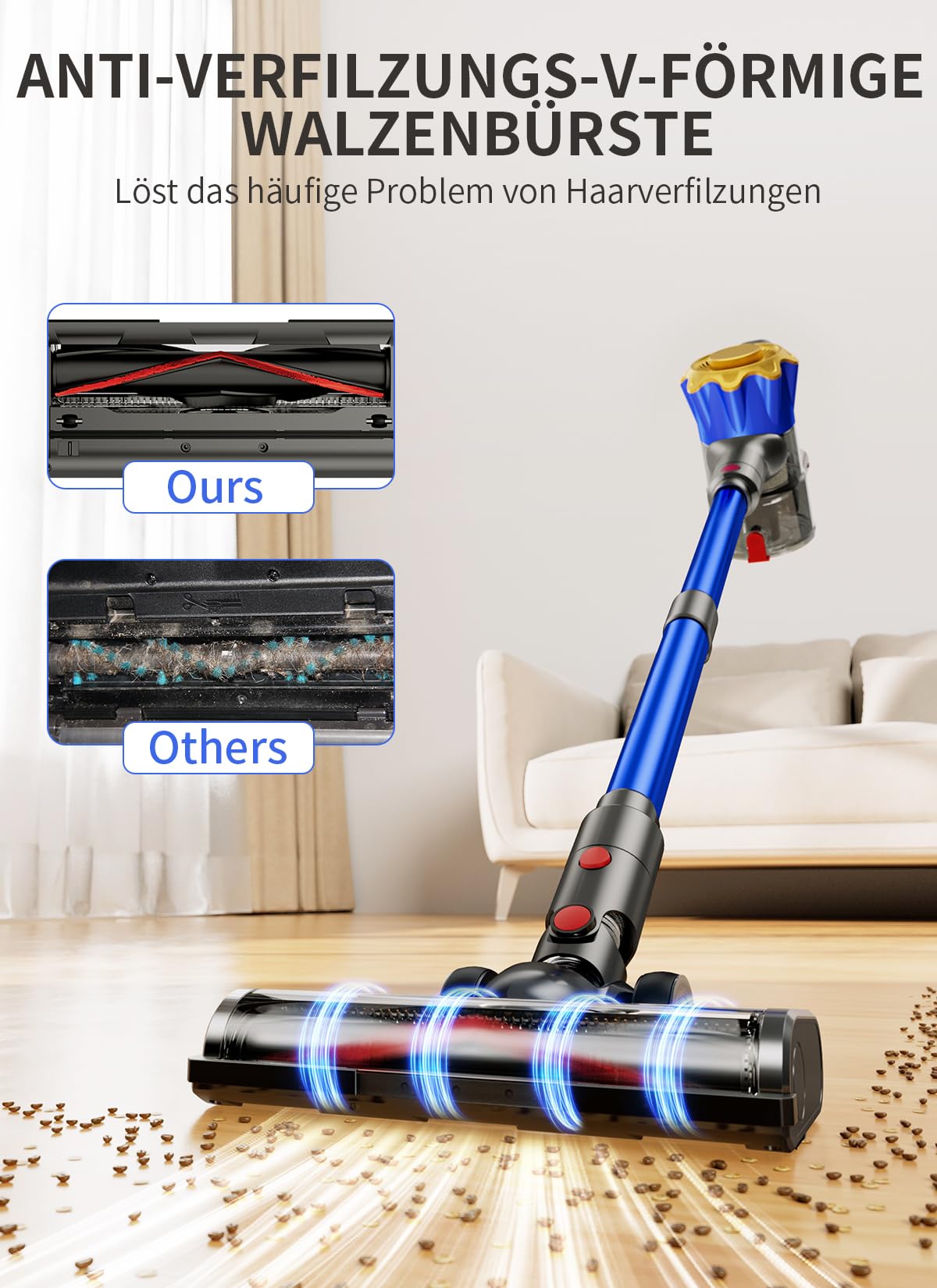 Akku Staubsauger, 40000Pa/450W Staubsauger Kabellos mit Smart Display Bis zu 50 Minuten Laufzeit Cordless Vacuum Cleaner mit Automatikmodus&Anti-Verhedderung-Bürste für Teppich Hartboden und Tierhaare