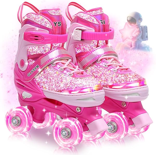 Roller Enfant Fille,Empeigne Fluorescente,4 Taille Réglable,Patin a Roulette Fille avec 8 Roues Lumineuses de Rangement pour Enfants,Adolescents,Débutants - 1