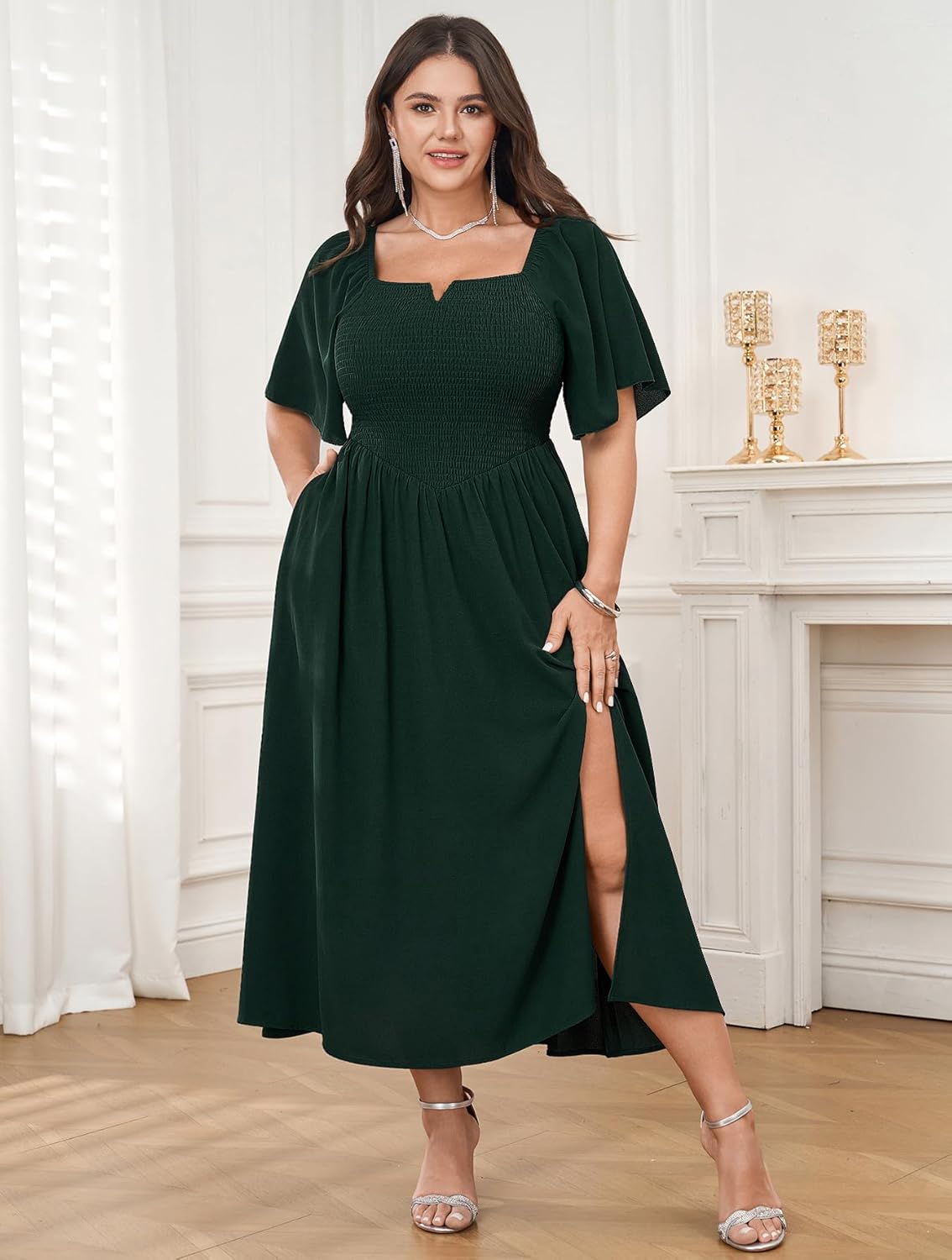 Plus Size Maxi Dress for Women Short Sleeve Elegant Square Neck Smocked A Line Pockets Side Slit Flowy Long Dresses - Image 7