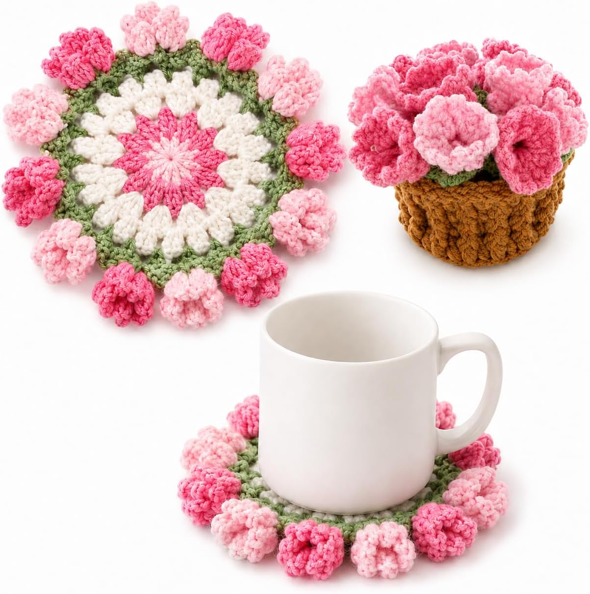 2 Pcs Pink Crochet Flower Coasters Set, Handmade Bouquet Blanket Coaster, Cute Drink Coasters for Coffee Table Protection, Decorative Flower Crochet Coasters for Home Decor Gifts