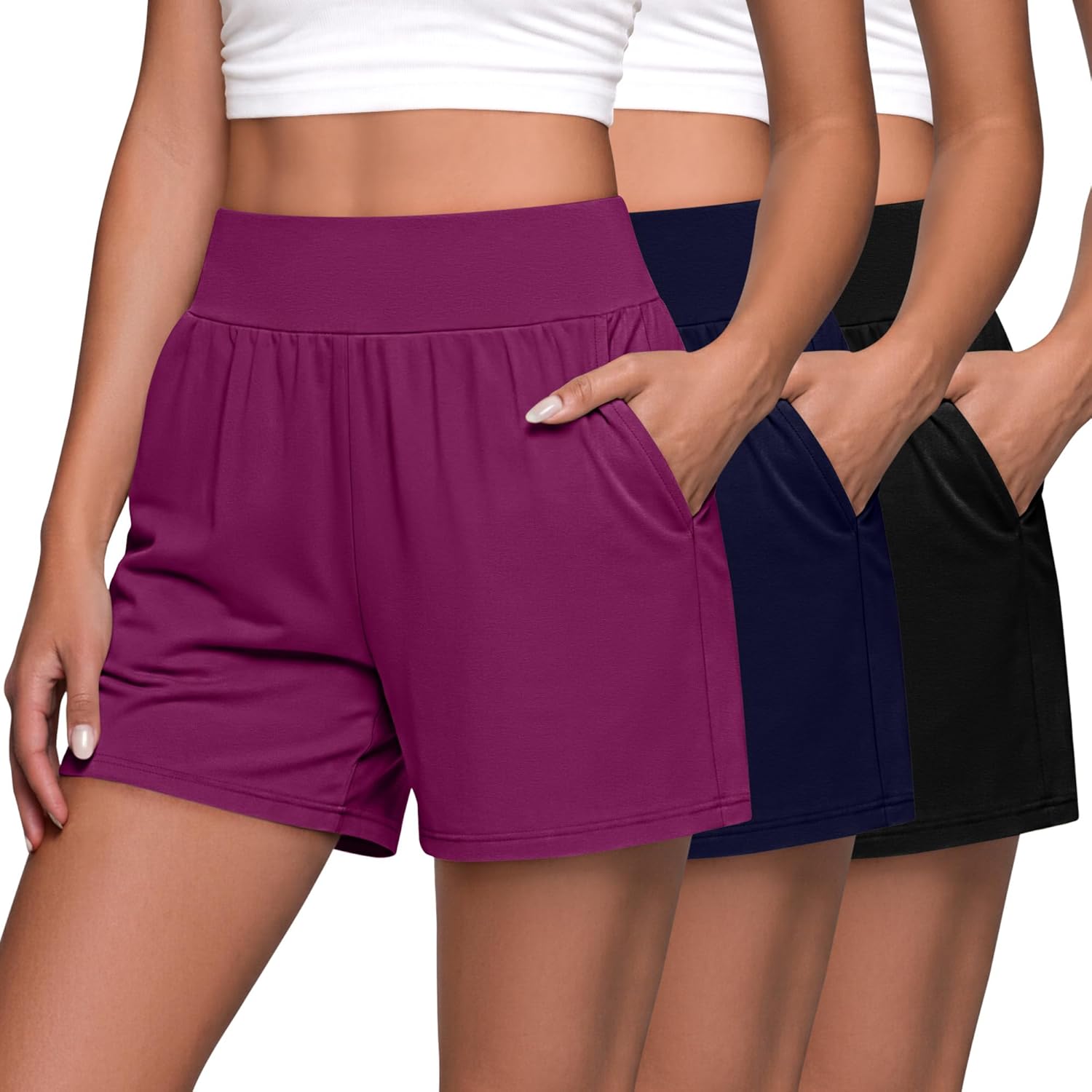 Neer 3 Pack Women's Athletic Shorts 5'' High Waisted Elastic Workout Wide Leg Causal Yoga Gym Lounge with Pockets
