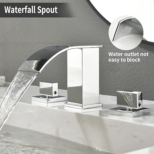 Miniatura 3 de TapLong Grifo de baño de cascada negro mate, grifo de lavabo de baño de cascada moderno, 3 agujeros, 2 manijas cuadradas, grifo de lavabo de baño