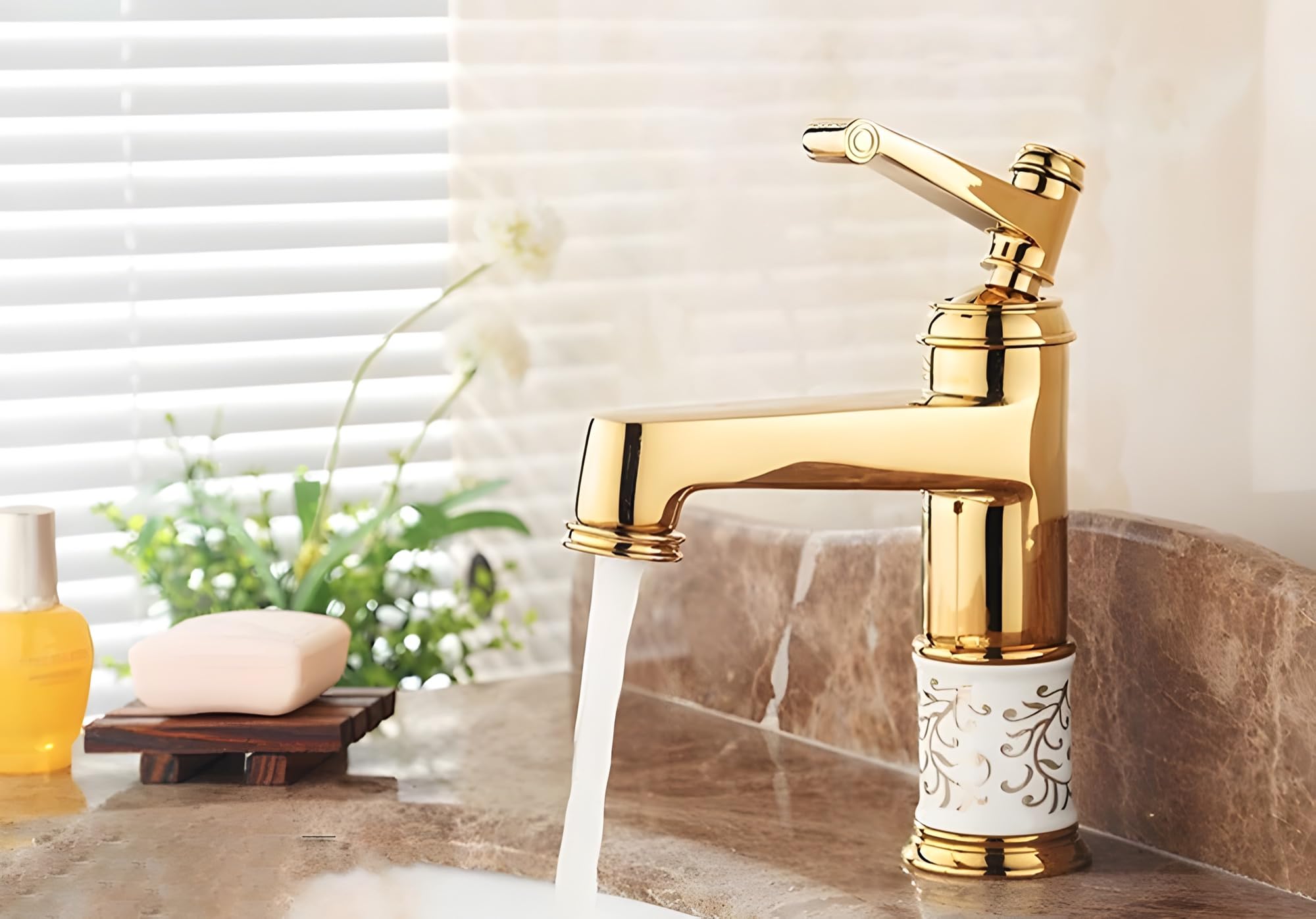 24x7 eMall Brass Gold White Flower Basin Tap Faucet Mixer Hot and Cold Sink Mixer Golden Colour Aura Florina (Short Body 7 Inches) for Bathroom Toilet Wash Basins Hot and Cold Water