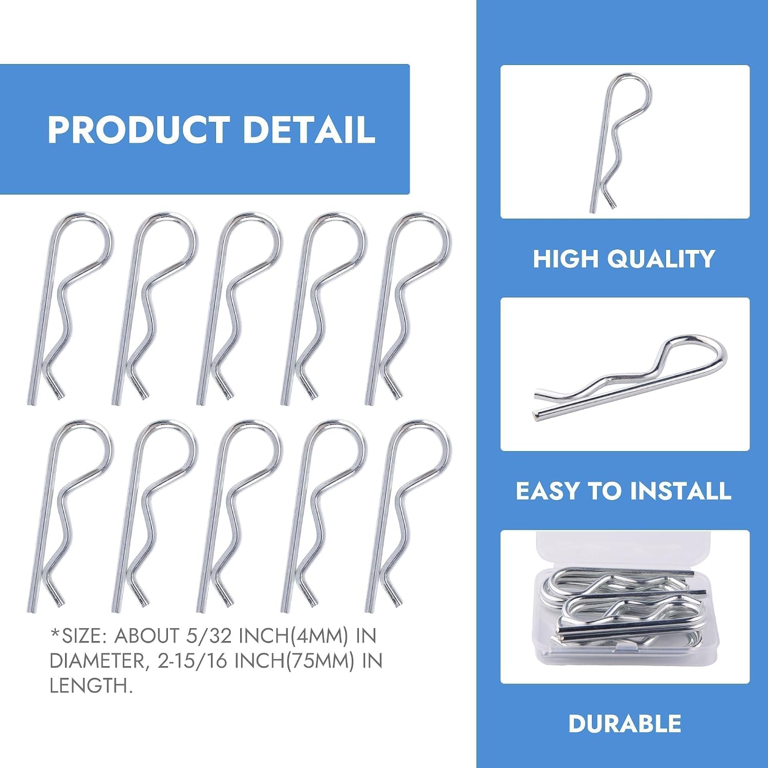 10 Pcs R Clips, 4mm x 75mm Spring Steel Zinc Plated R-Pins for Farm, Trailer, Tractor, Heavy Equipment – Silver (5/32 x 2-15/16-Inch)