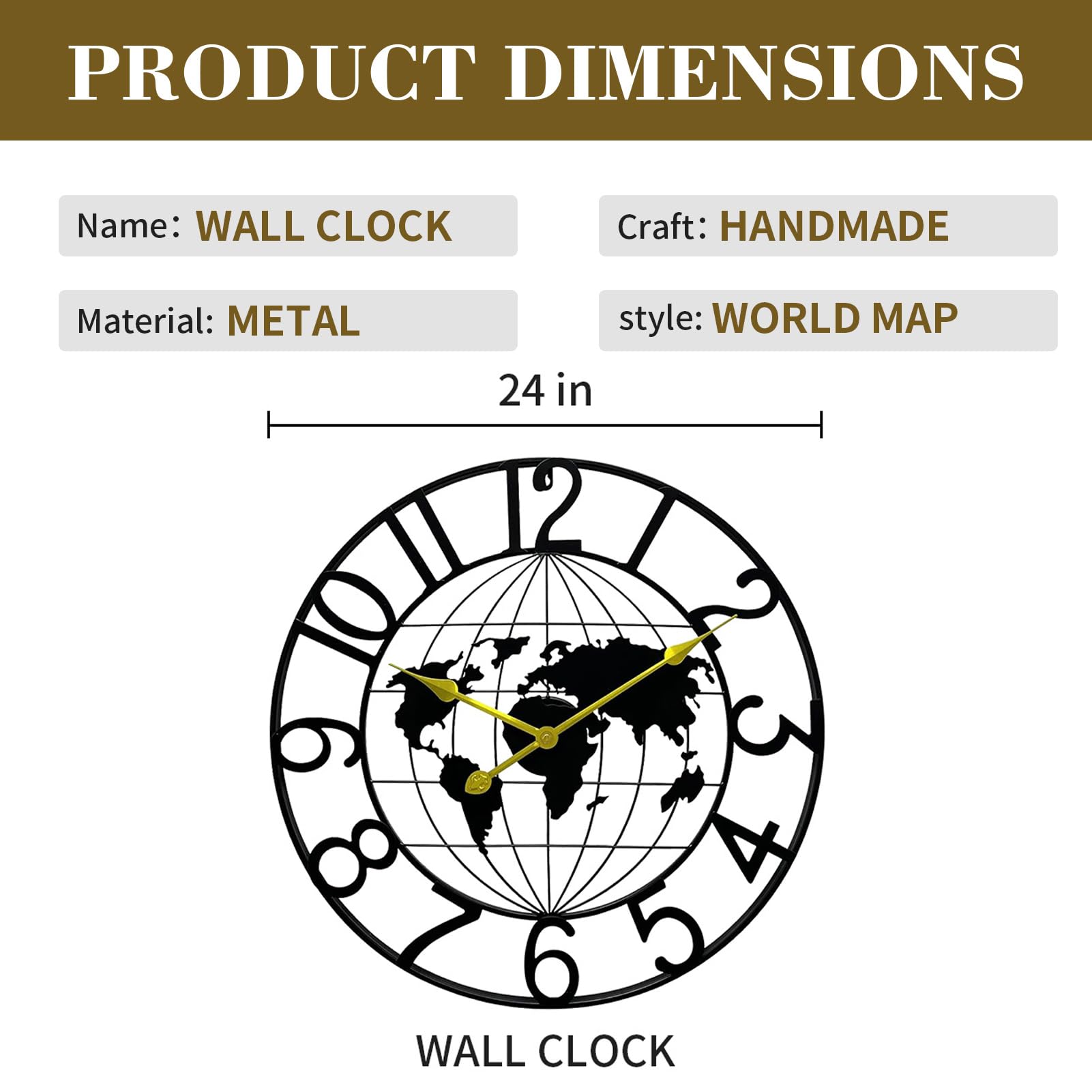 KEQAM World Map Large Wall Clock for Living Room,Metal Decorative Wall Clock,Big Modern Round Silent Non-Ticking Battery Operated Wall Clocks,Kitchen Clock Home Decor (24 in)