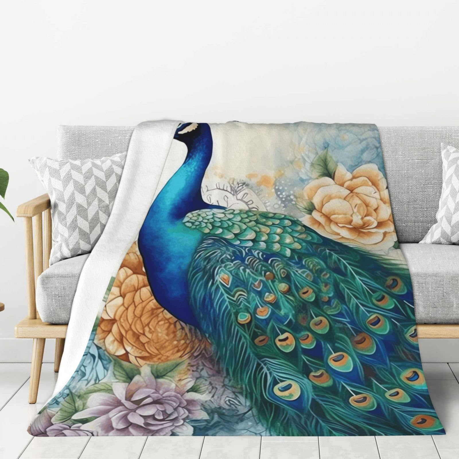 Beautiful Peacock and Floral Throw Blanket Plush Flannel Fleece Blanket, Soft Lightweight Cozy Blankets 60"X50" for Bed Couch Sofa Travel