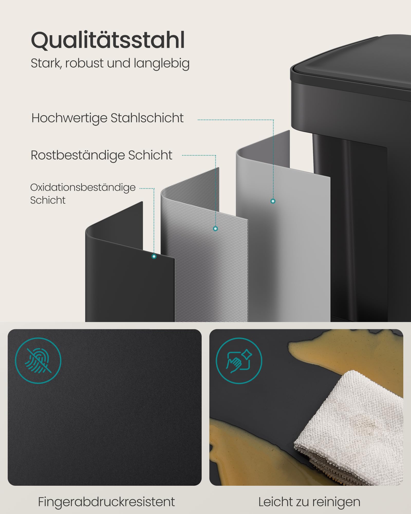SONGMICS Mülleimer Küche 2 x 30 Liter 2 Fächer Tretmülleimer mit Softclose-Deckel Stahl tintenschwarz LTB741B02