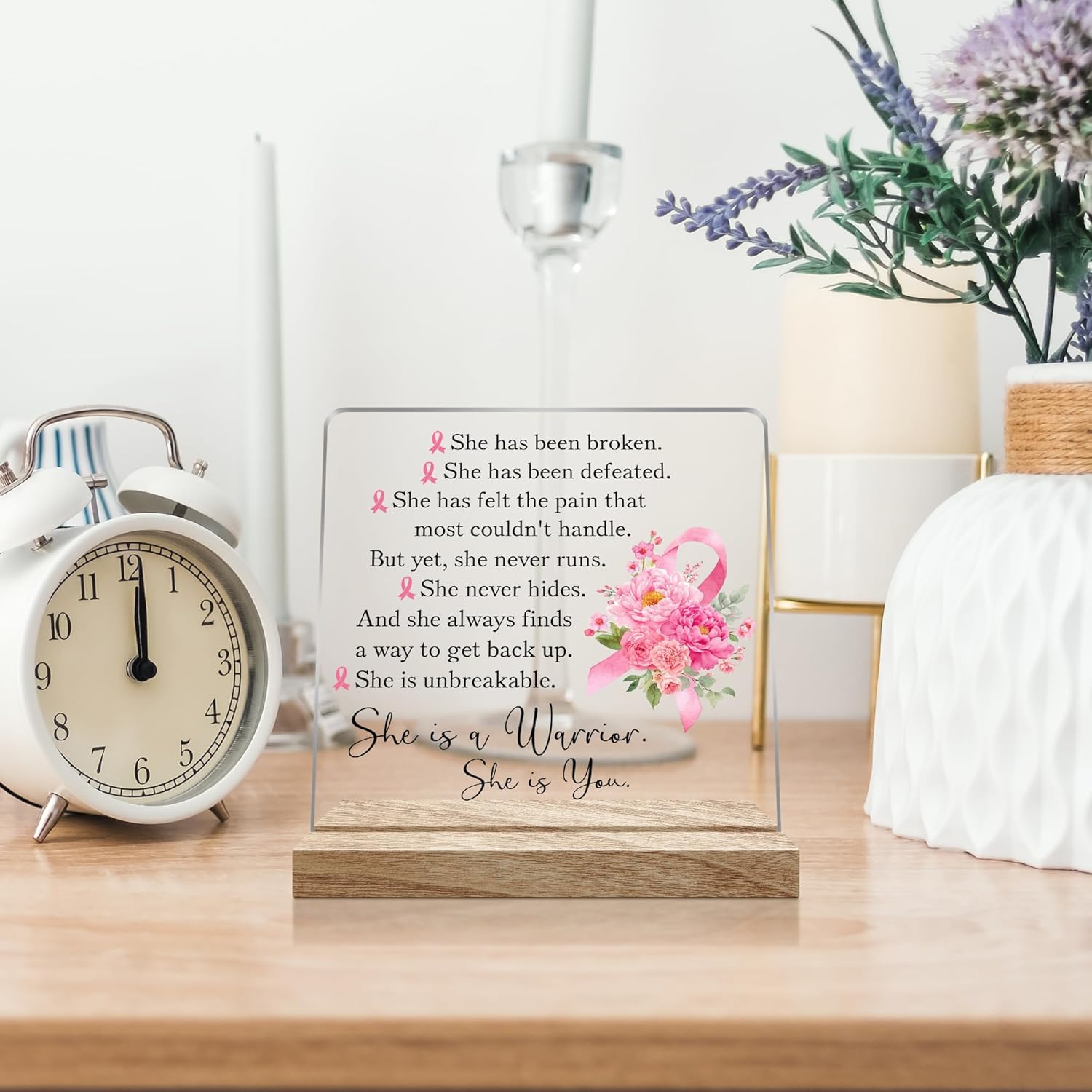Inspirational Breast Cancer Survivor Gifts for Woman, Breast Cancer Warrior Desk Decorative Sign, 4x4 Inches - Image 5