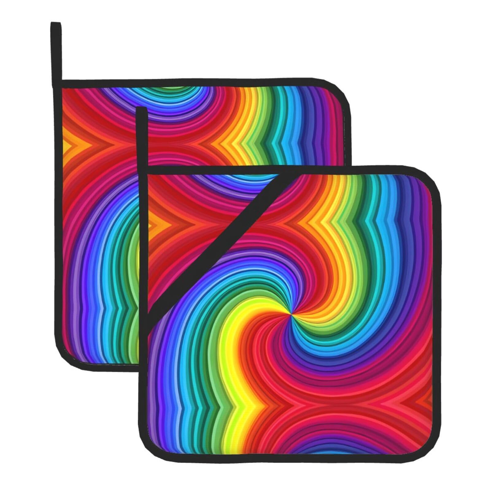 YYHWHJDE Rainbow Swirl Prints Square Hot Pads for Kitchen Counter - Waterproof Pot Holders, Durable Oven Mitt Layers with Hanging Loop, Heat Resistant Trivets (2-Pack)