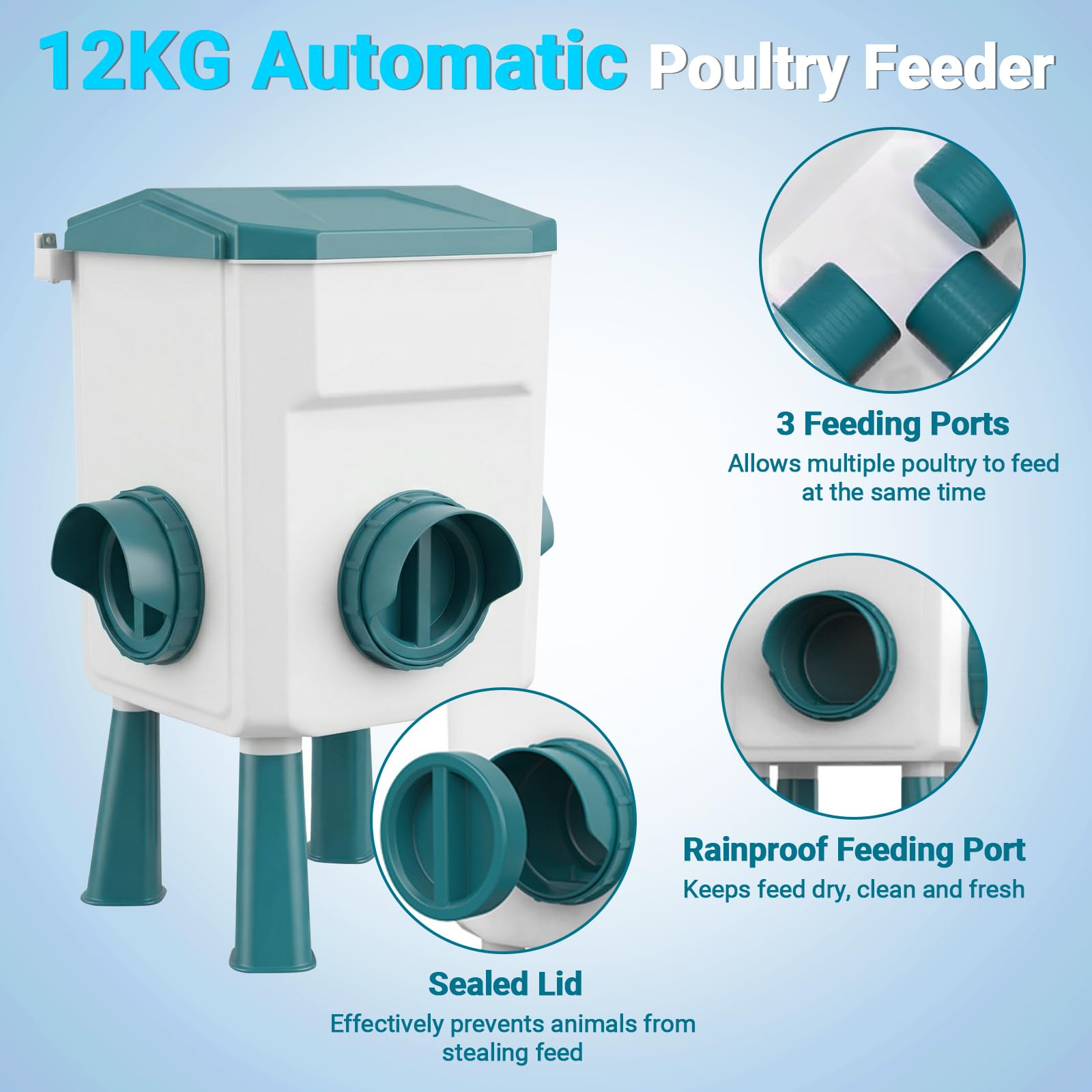 Comedero de pollo de 12 kg y dispensador de agua de pollo de 11 L, comederos y bebedores de pollo con 15 anillos de patas de pollo y ganchos en S, alimentador automático de aves de corral con patas