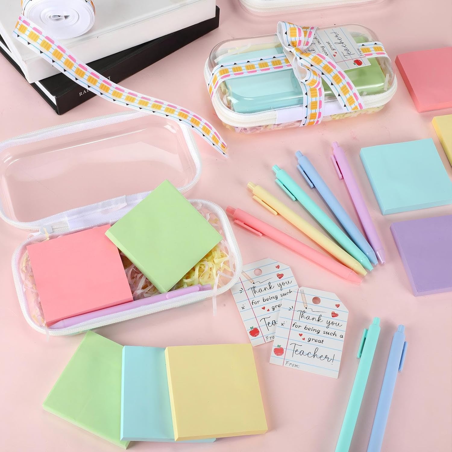 Motiskyy 6 Sets/75 Pcs Teacher Appreciation Gifts Idea Set Clear Hard Case Zipper Pouch Pastel Ballpoint Pens & Sticky Notes Pink and Yellow Raffia Adorable Printed Pencil Ribbons with Thank You Cards