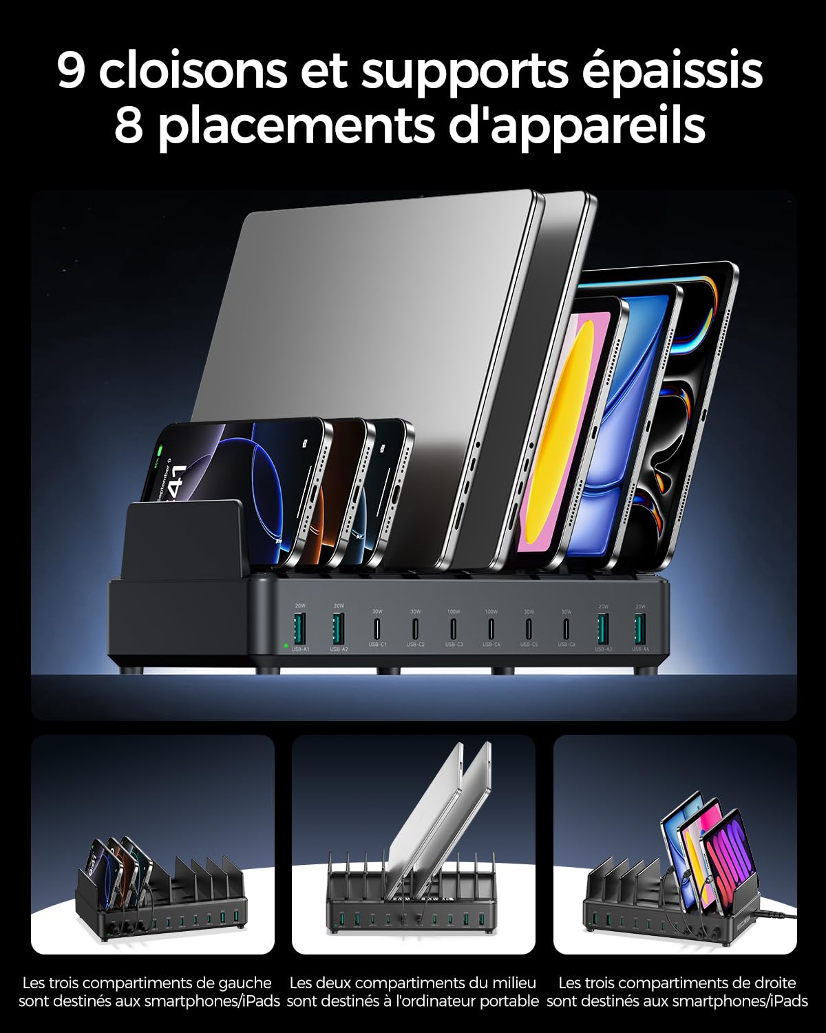 Station de Charge Multi-appareils Rocoren 400W, PD100W Station de Charge USB-C GaN 10 Ports, Chargeur de Bureau avec Charge Rapide, Compatible avec MacBook Pro/Air, iPh0ne et Galaxy