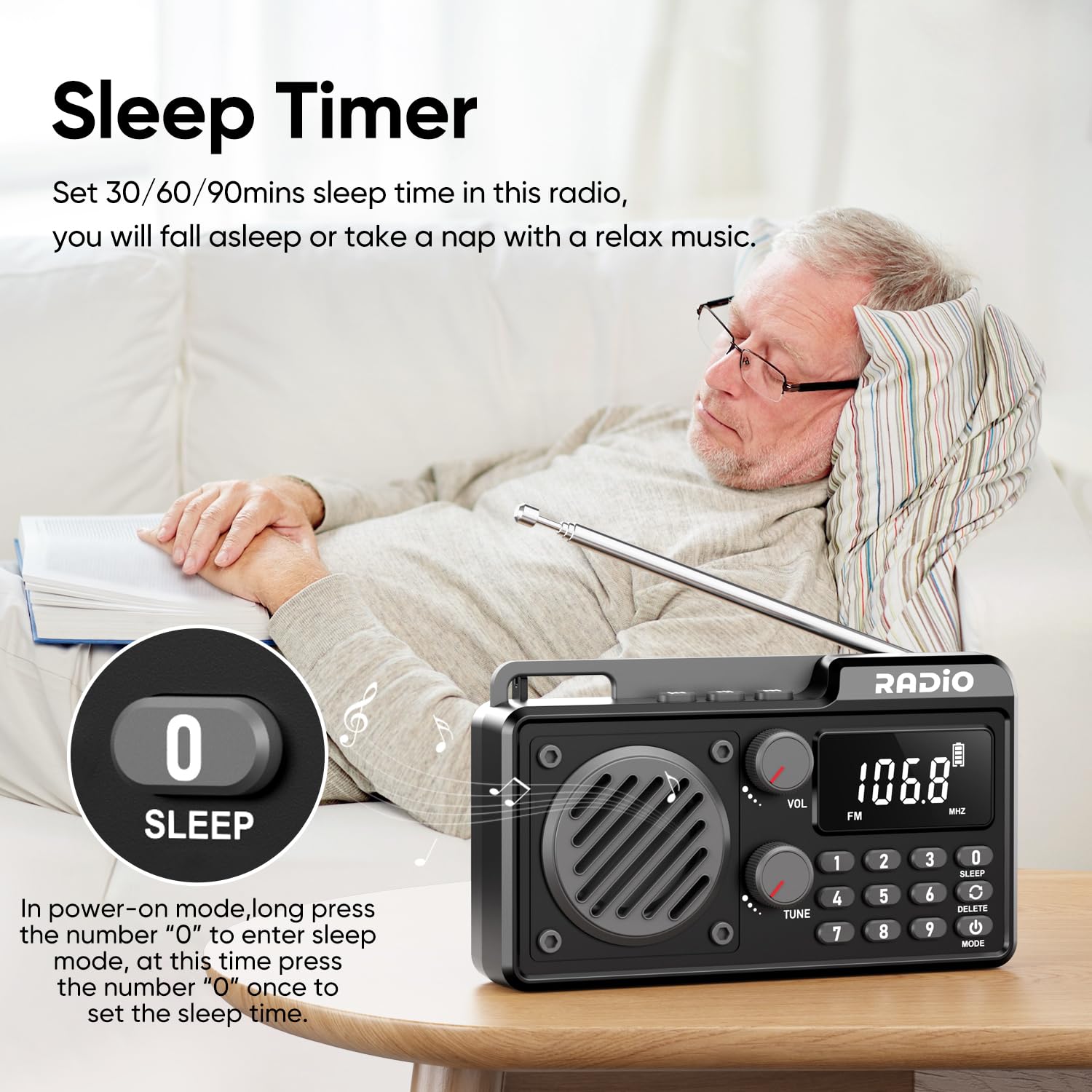 Radio Portátil Am/FM/SW con Bluetooth Pequeña Radio Recargable con Altavoz, Función Temporizadora y Puertos USB/TF/AUX para Cocina, Dormitorio y Exterior