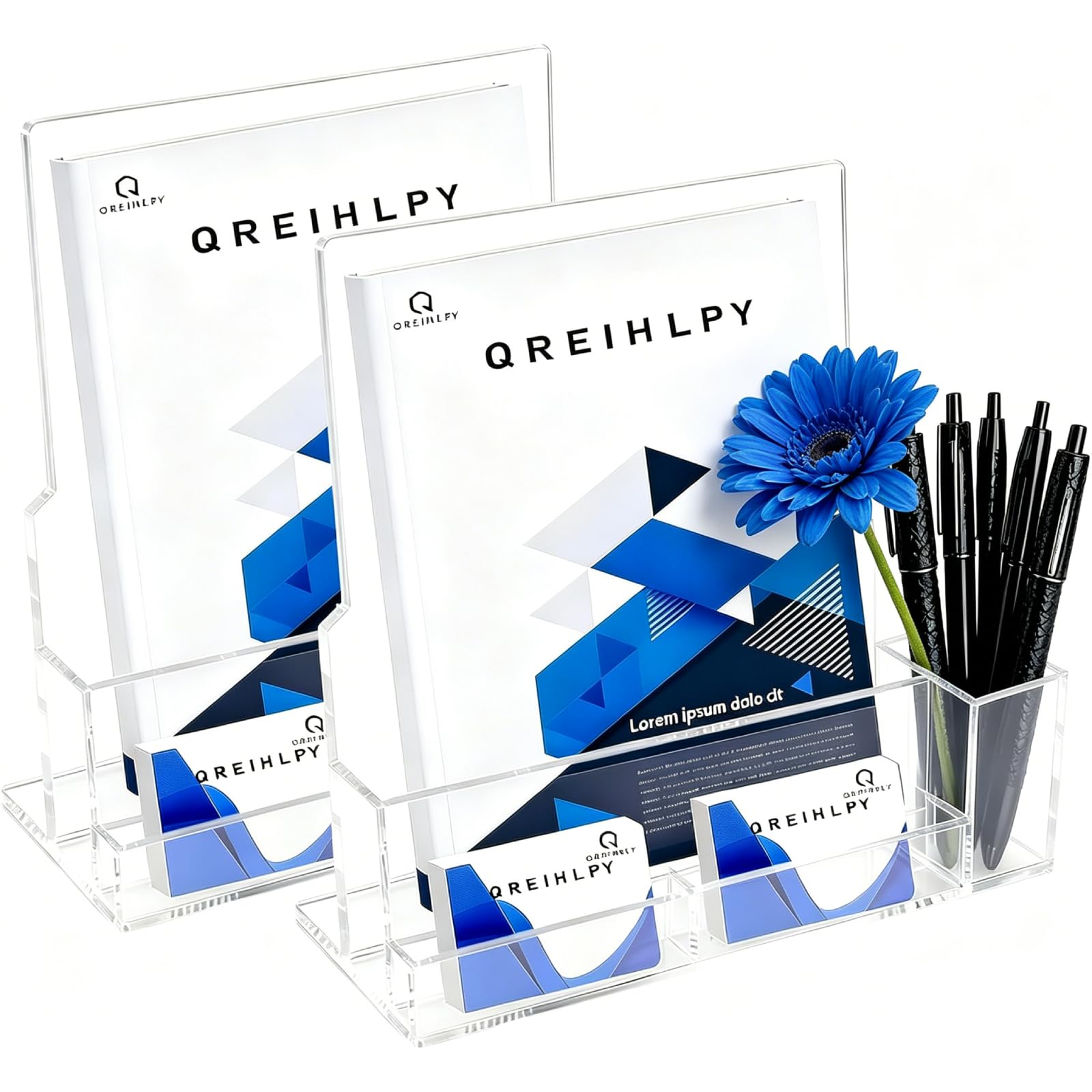 Photo 1 of Acrylic Brochure Holder 2 Pack 8.5x11in, 3-in-1 Display Stand with Pen Holder & Business Card Slot, Clear Countertop Flyer Rack for Office Reception Desk, Trade Show, Retail Store, Restaurant Menu
