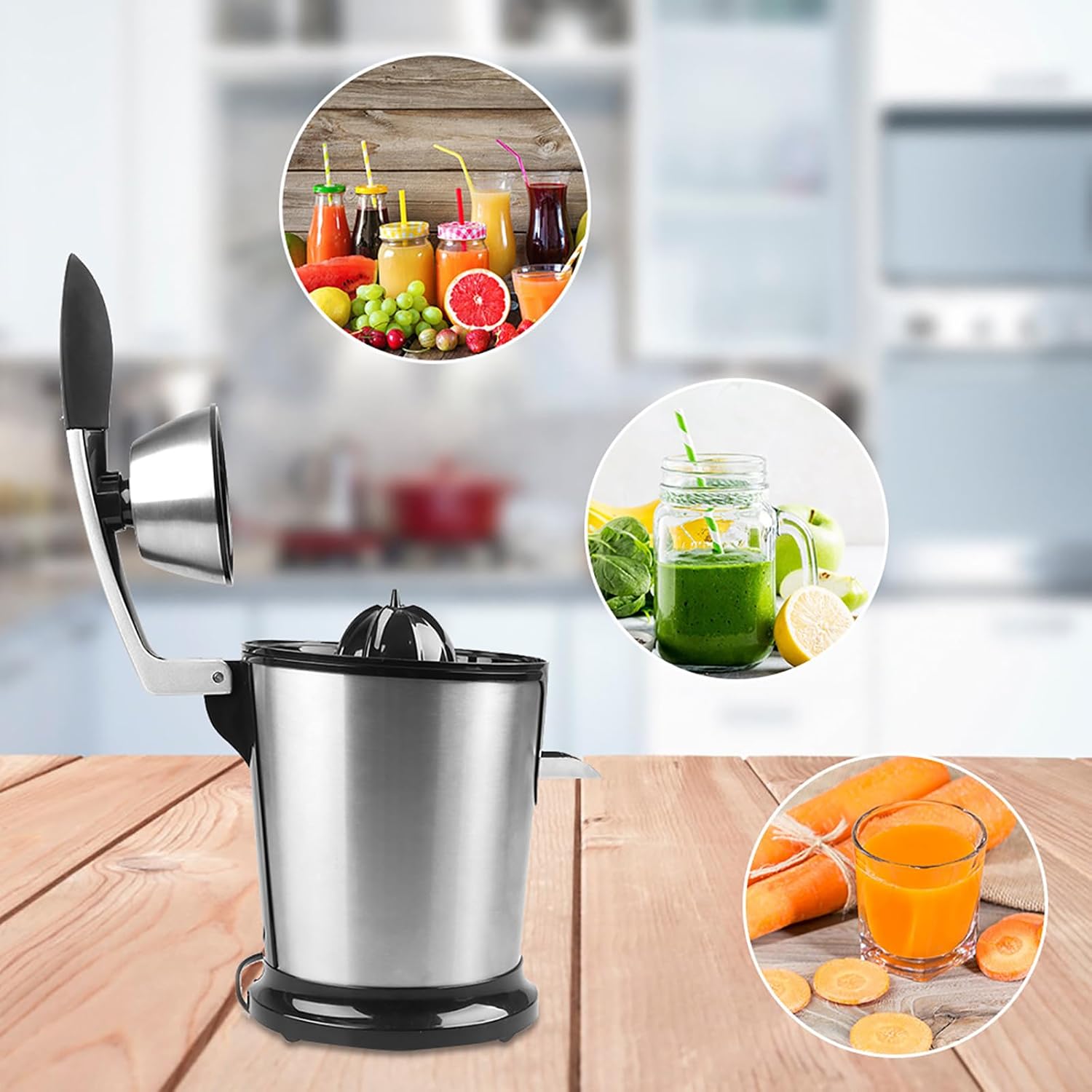 Electric Citrus Juicer, Orange Squeezer with Two Cones, 160 W Powerful Quiet Motor, Stainless Steel Material and Efficient Filtration System, Easy to Clean for Lemon, Grapefruit, Limes