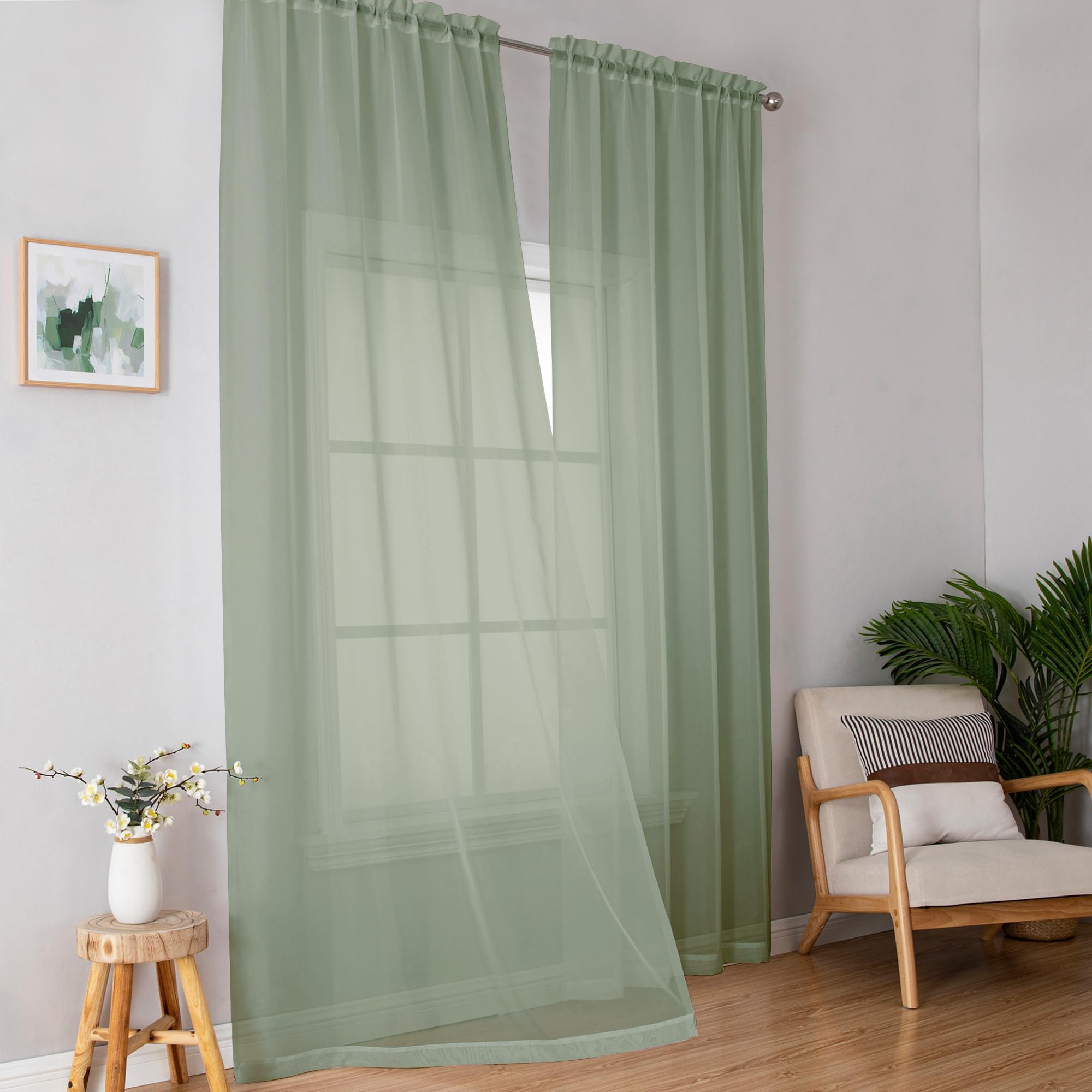 Simplebrand Sage Green Sheer Curtains 96 Inches Long 2 Panels for Bedroom