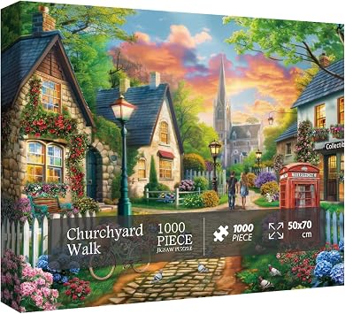 BBOLDIN England Country Cottage Puzzle for Adults 1000 Pieces, Sunset Church Landscape Jigsaw Puzzle, Plant Flower Garden Puzzle
