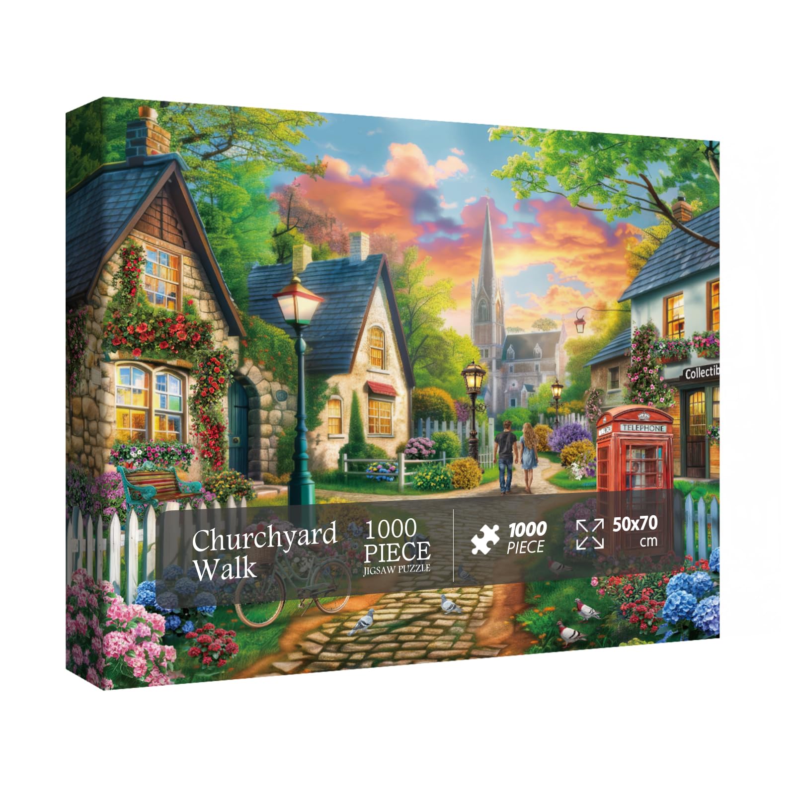 BBOLDIN England Country Cottage Puzzle for Adults 1000 Pieces, Sunset Church Landscape Jigsaw Puzzle, Plant Flower Garden Puzzle