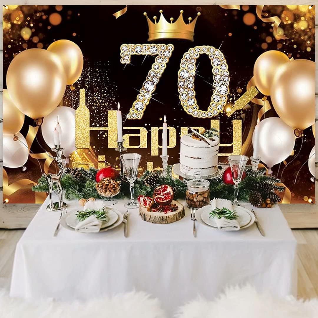 Happy 70th Birthday Banner | Black & Gold Glitter Backdrop Sign (80x15") With Rope For Yard & Wall Decor