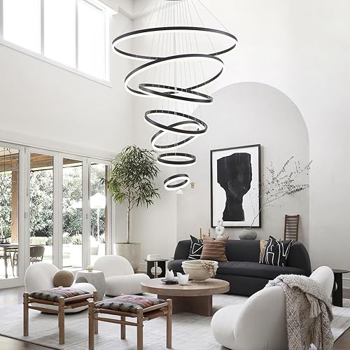 Miniatura 2 de Candelabro de 7 anillos, lámpara LED negra de 39.37 pulgadas, 7 anillos, lámpara moderna de techo alto más grande para vestíbulo, lámpara LED