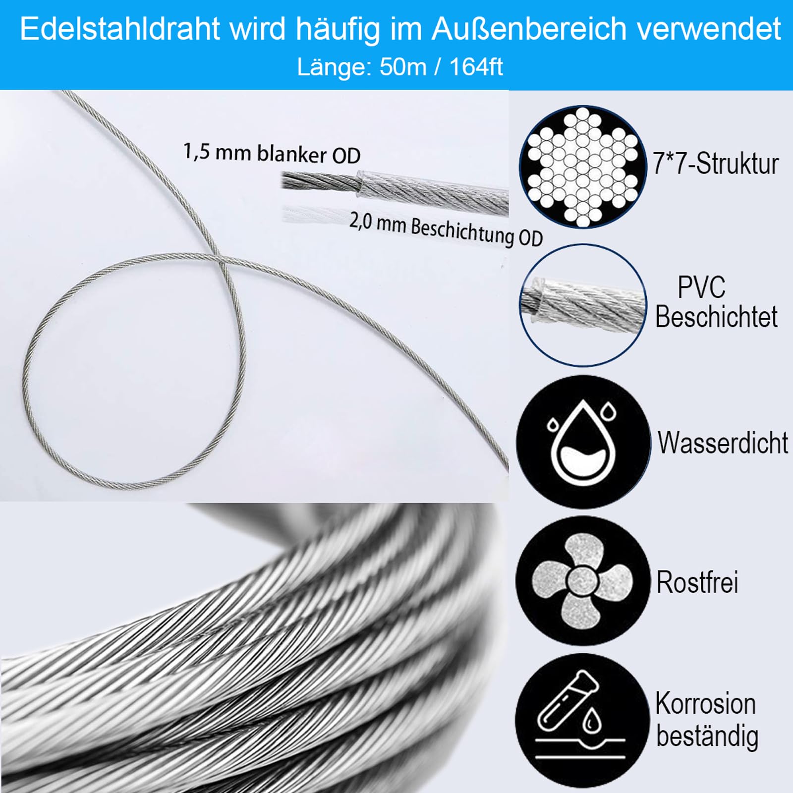 AMLOOPH 50m Edelstahl Drahtseil 2mm Rankhilfe Set für Garten mit M5 Seilspanner & Drahtseilklemmen – Gardinenseil, Stahlseil mit Ösen, Spanndraht für Rankgitter, Hängelampe, Seilspanngarnitur Außen