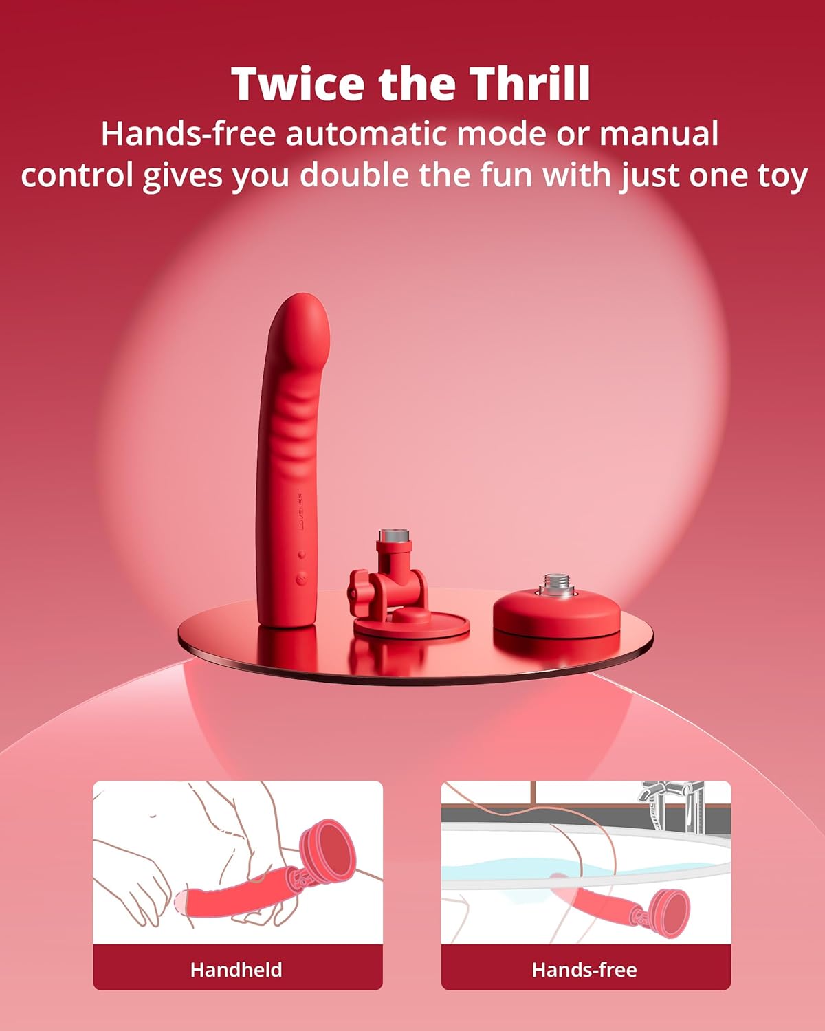 LOVENSE Mission 2 Dildo Machine showing both handheld and hands-free usage options.