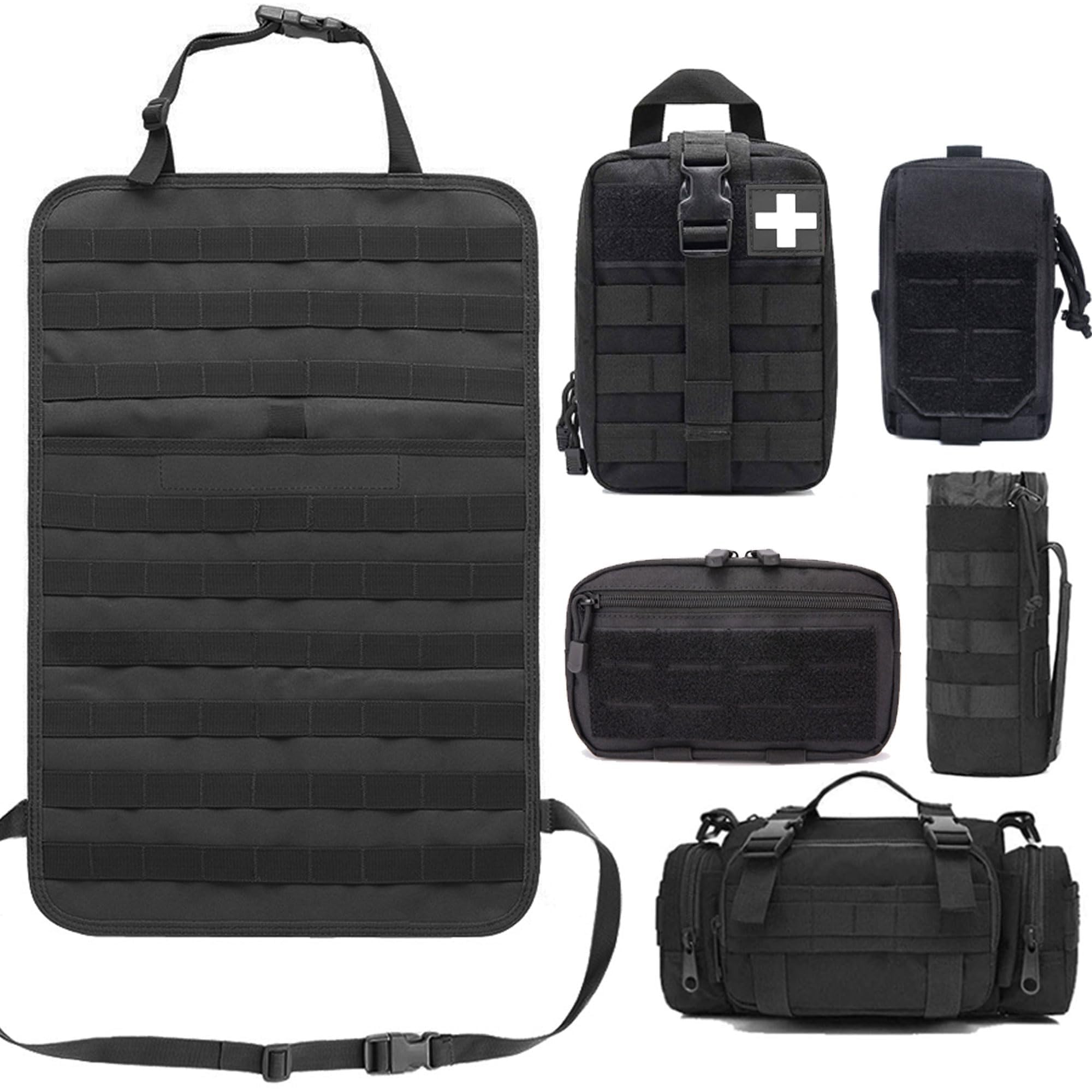 Molle - Organizador de respaldo de asiento, bolsa organizadora universal táctica para asiento trasero de coche con 5 bolsas desmontables para coche, camión, vehículo Jeep (negro)