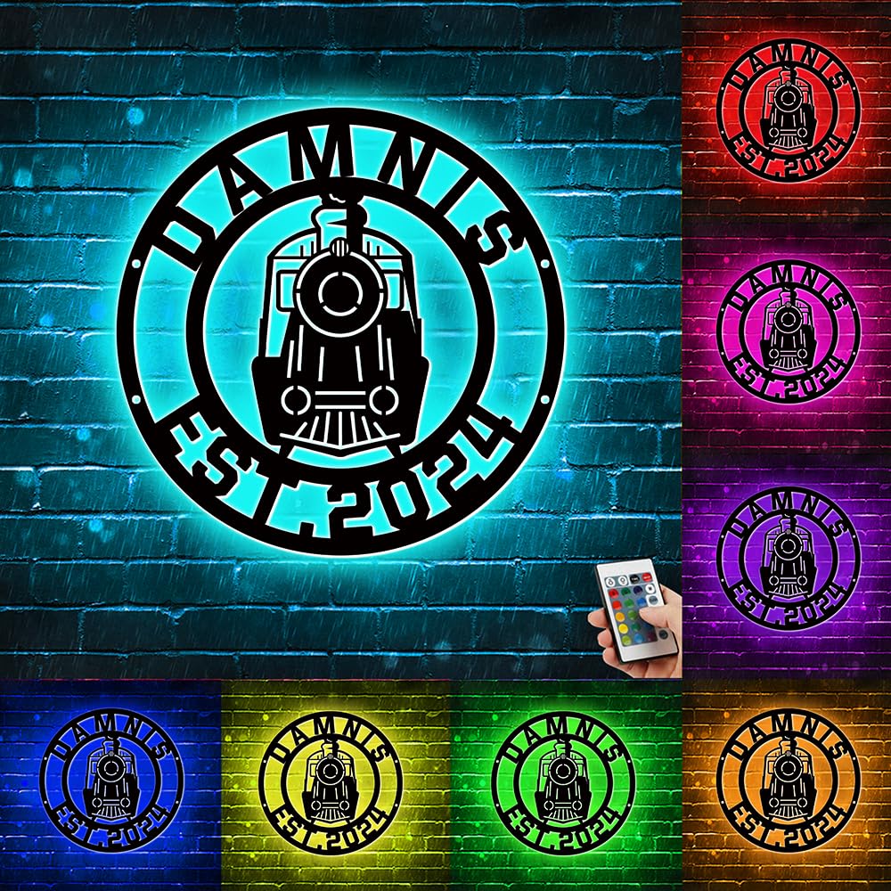 Personalized Metal Wall Decor With 16 Colors Changing LED Lights, Custom Name Train Neon Light Sign for Bedroom, Playroom, Man Cave - Christmas Birthday Gift (Train-4)