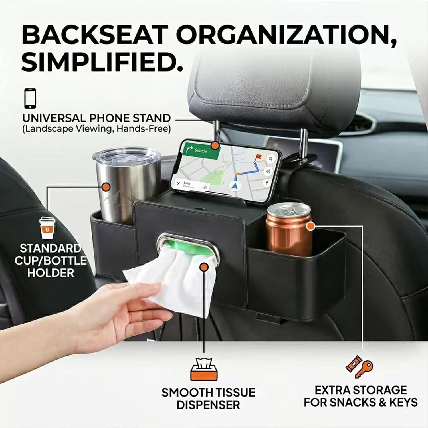 Car Back Seat Organizer with Tissue and Cup Holder | ABS Plastic Storage Box for Car SUV Van Truck with 2 Hanging Hooks, Black Interior Accessories