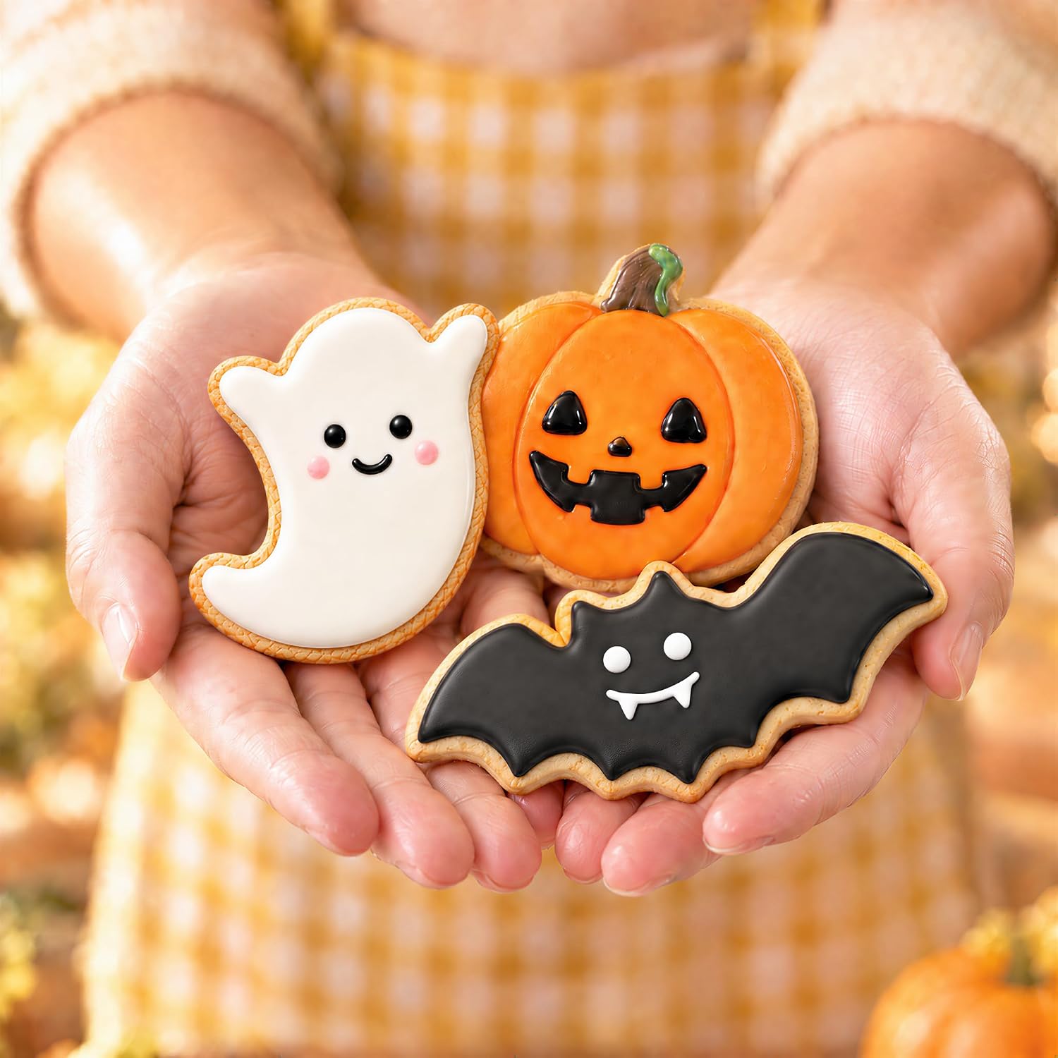 COOKIEQUE 3 Pcs Halloween Cookie Cutters - Pumpkin, Ghost and Bat, Food-Grade Stainless Steel Sandwich Cutters, Biscuit Cutter, Holiday Cookie Cutters, Unique Design with Protective Red Top PVC