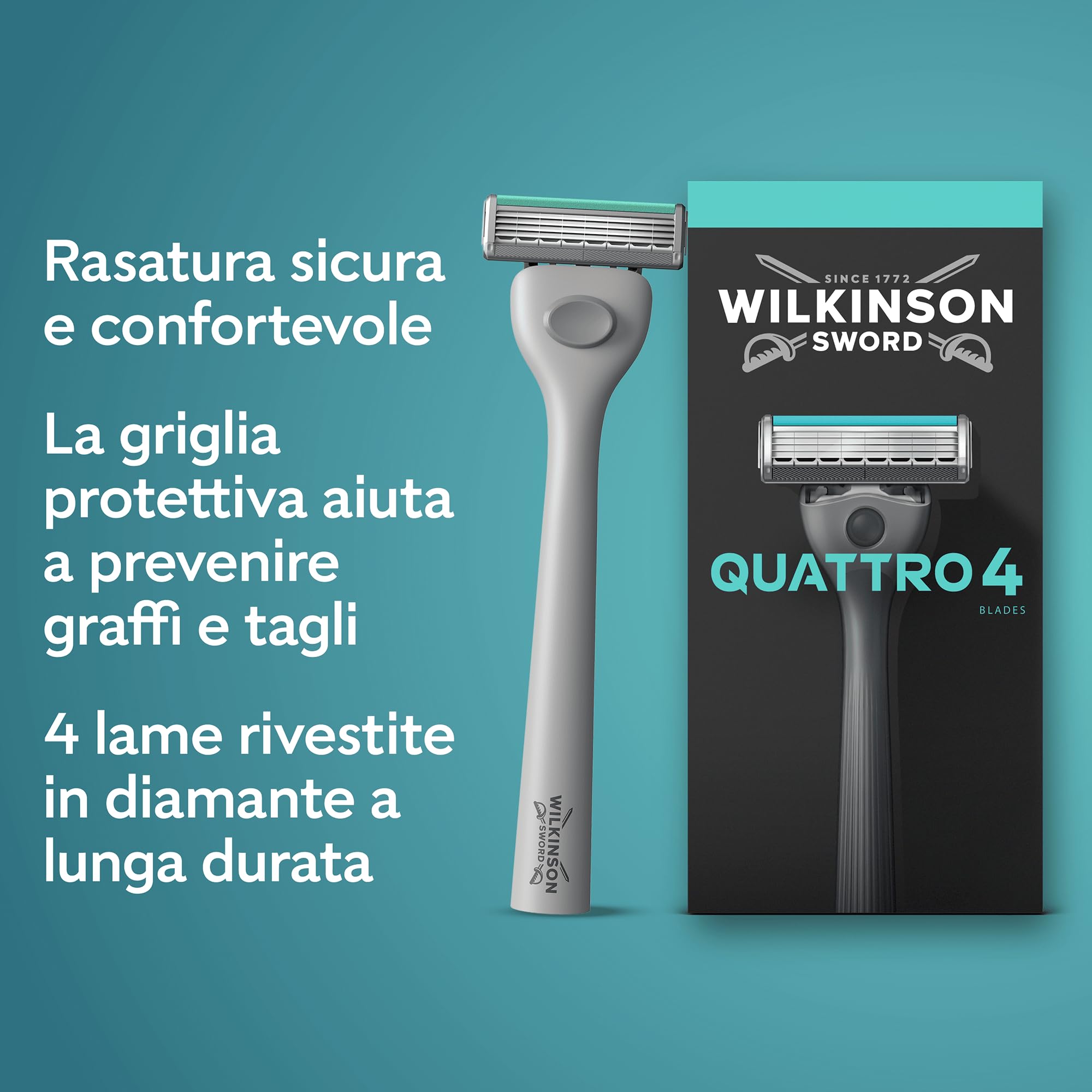 Wilkinson Sword Quattro, rasoio da uomo, formato convenienza, 4 lame rivestite in diamante, manico + 9 ricariche