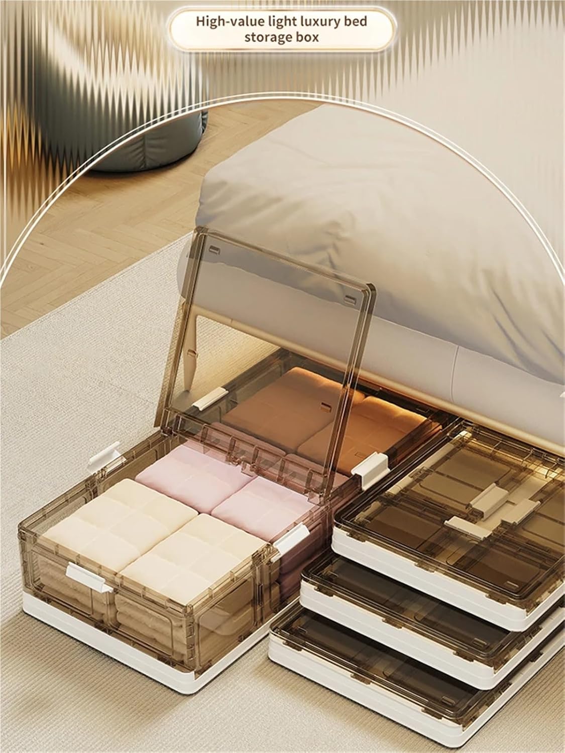 Under Bed Storage Containers Large Folding Underbed Storage Bedroom Cover Clothes Toys Two-way Side Openning Flat Drawer(64 * 42 * 15.5)