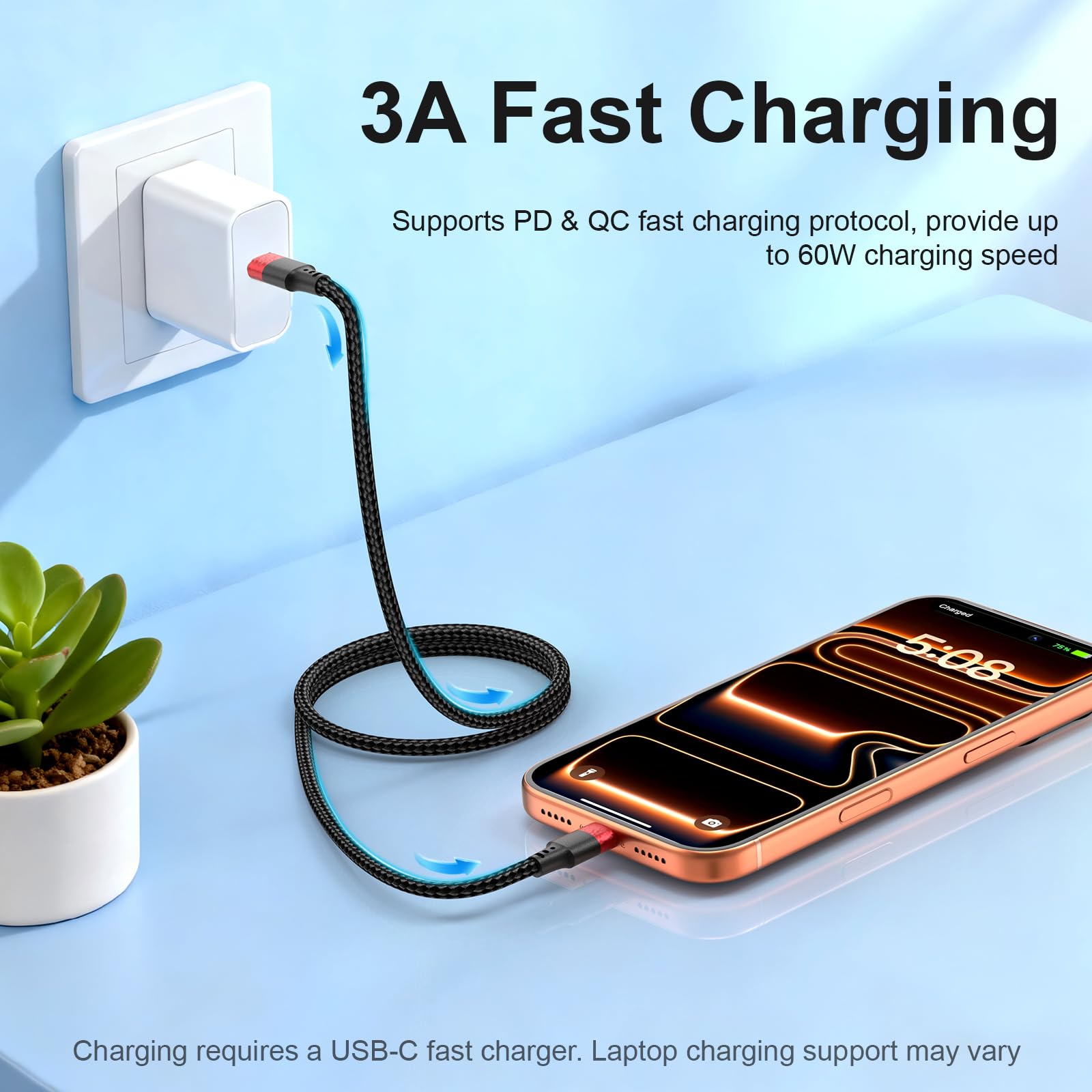 Vienceen Cavo USB C da 0,6 m, cavo USB C intrecciato da 6 m, confezione da 3 pezzi, cavo di ricarica rapida da tipo C a C per iPhone 17 Air/16 Pro/15 Plus, Galaxy S24/Z Flip 6, Pixel 8