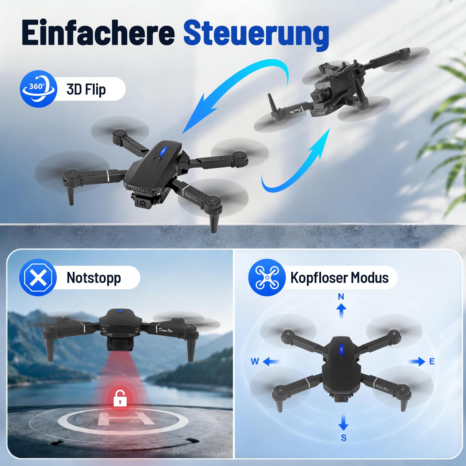 Drohne mit Kamera HD 4K,RC Faltbare FPV WiFi Live Ãœbertragung Drohne für Kinder Anfänger,2 Akku Lange Flugzeit,Headless Modus,Flugbahnflug,Hindernisvermeidung,One Key Start/Landen,Headless Modus