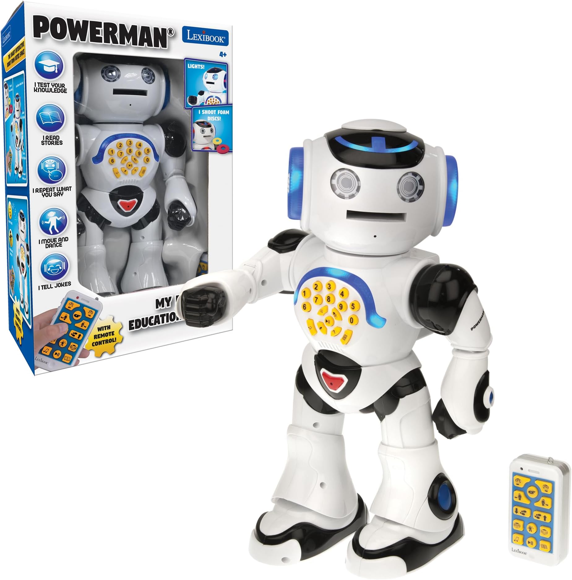 Powerman - Remote Control Walking Talking Toy Robot, Dances, Sings, Reads Stories, Math Quiz, Shooting Discs, and Voice Mimicking, for Kids 4+ - ROB50US