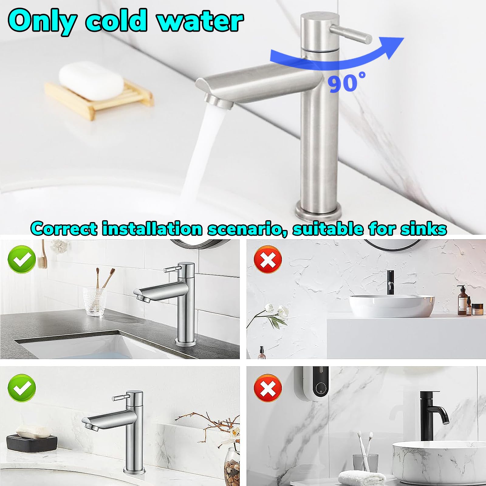 Grifo Monomando De Agua Fría Para Lavabo – Acero Inoxidable 304, Antihuellas, Incluye Manguera De 60 Cm, Fácil Instalación Para Baño Y Cocina (Plata)