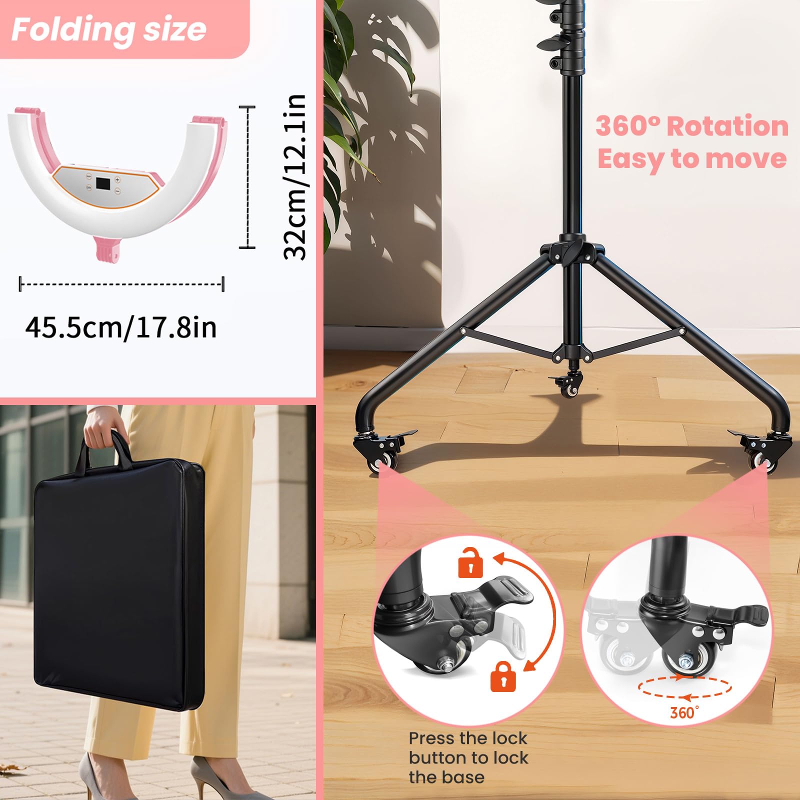 Kit de luz de anillo de 22 pulgadas: LED profesional de 6500 K con soporte (rosa)