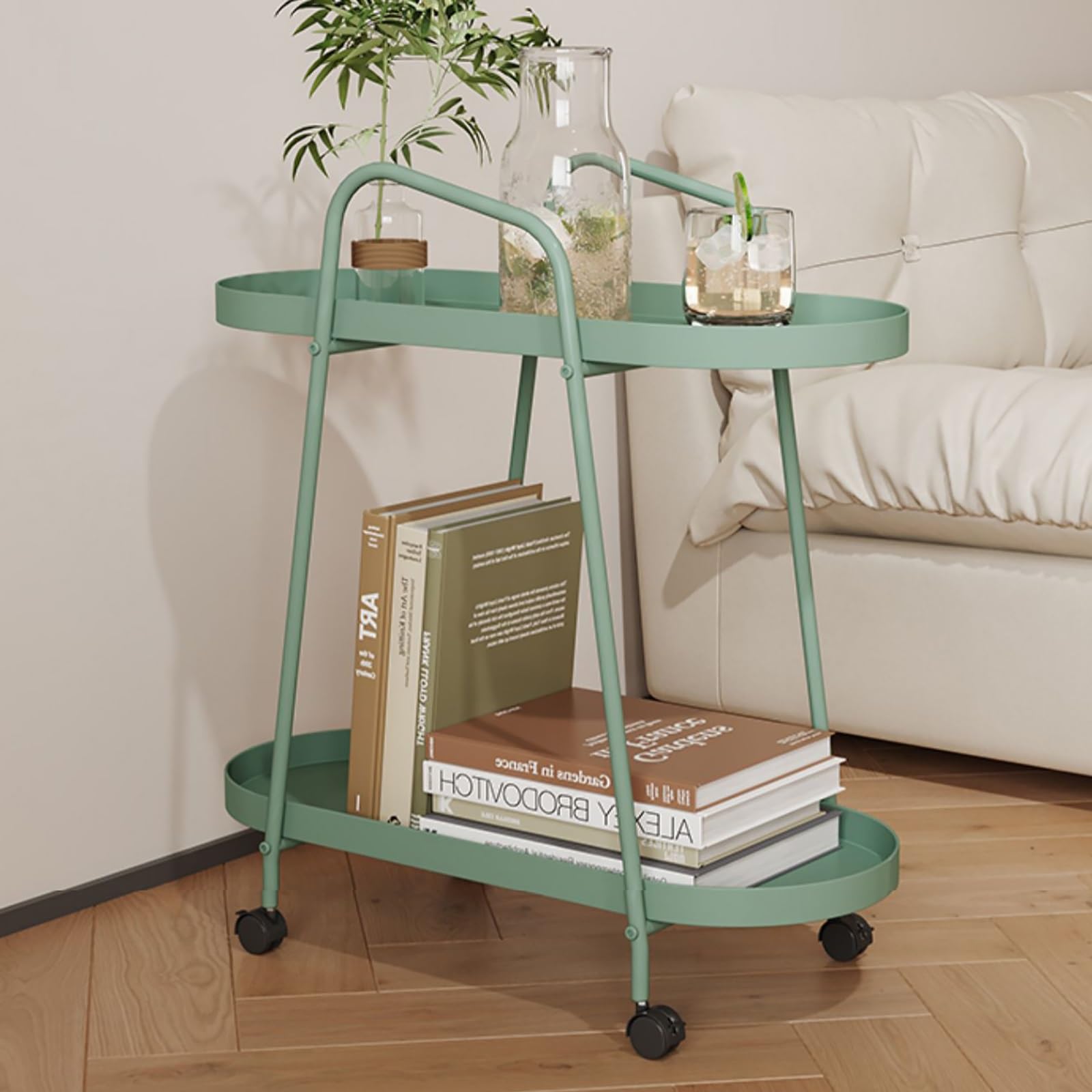 SXZenSpace Modern Mobile Side Table Double Layer Rolling End with Handrail Sofa Tables for Livingroom Bedroom(Green)